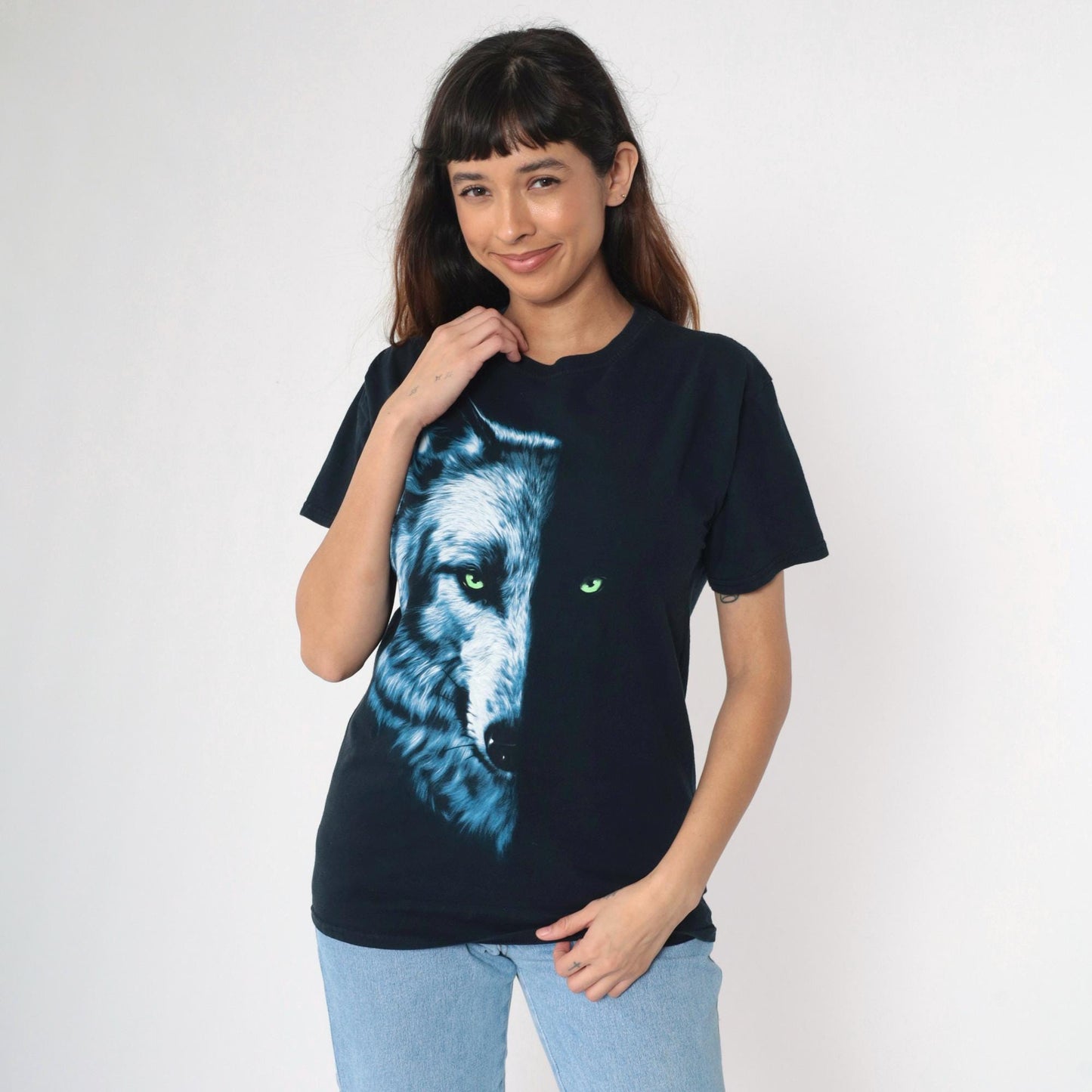 Y2K Wolf Face Graphic T-Shirt Black Cotton Crewneck Medium M