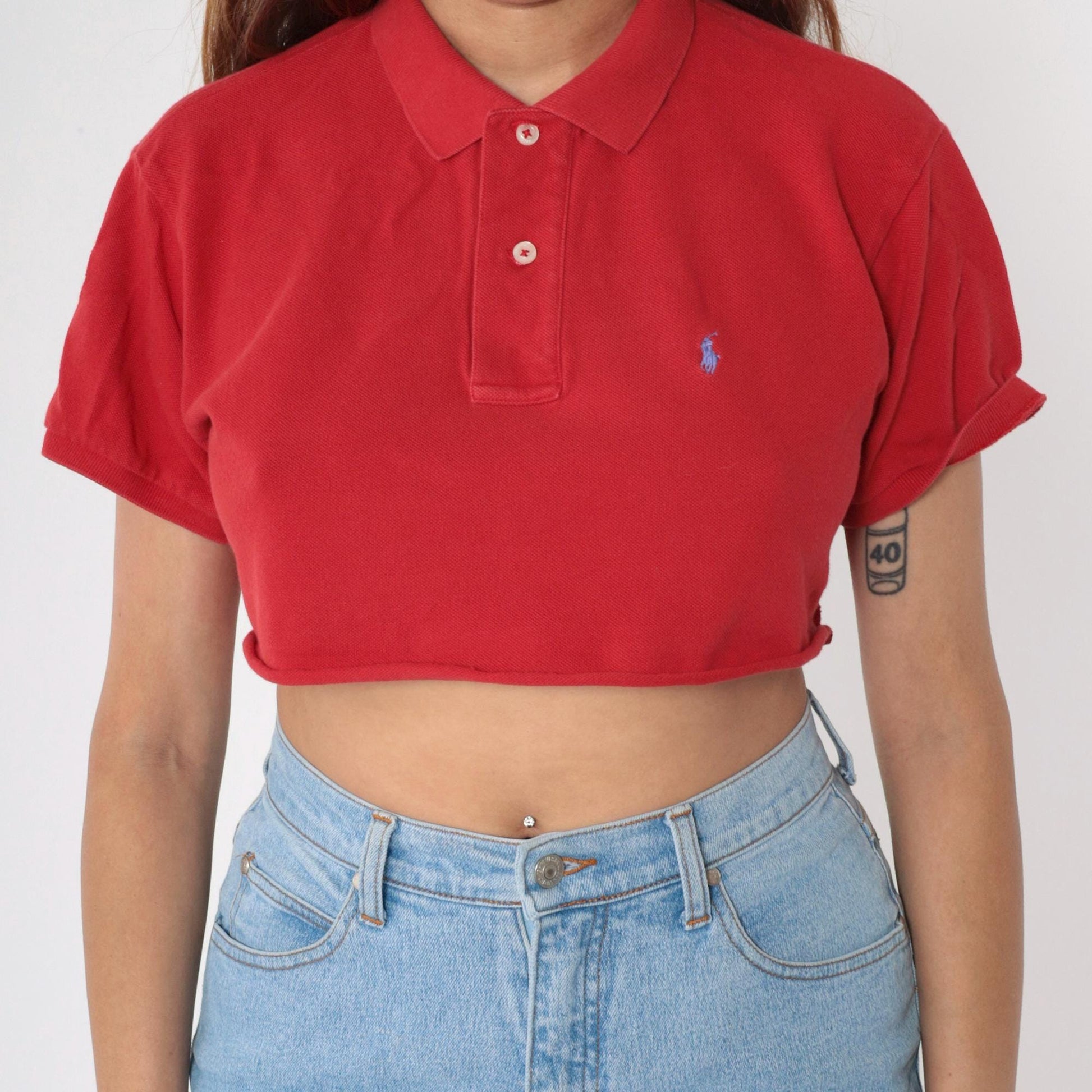 90s Ralph Lauren Crop Top Red Polo Shirt Raw Hem Medium M