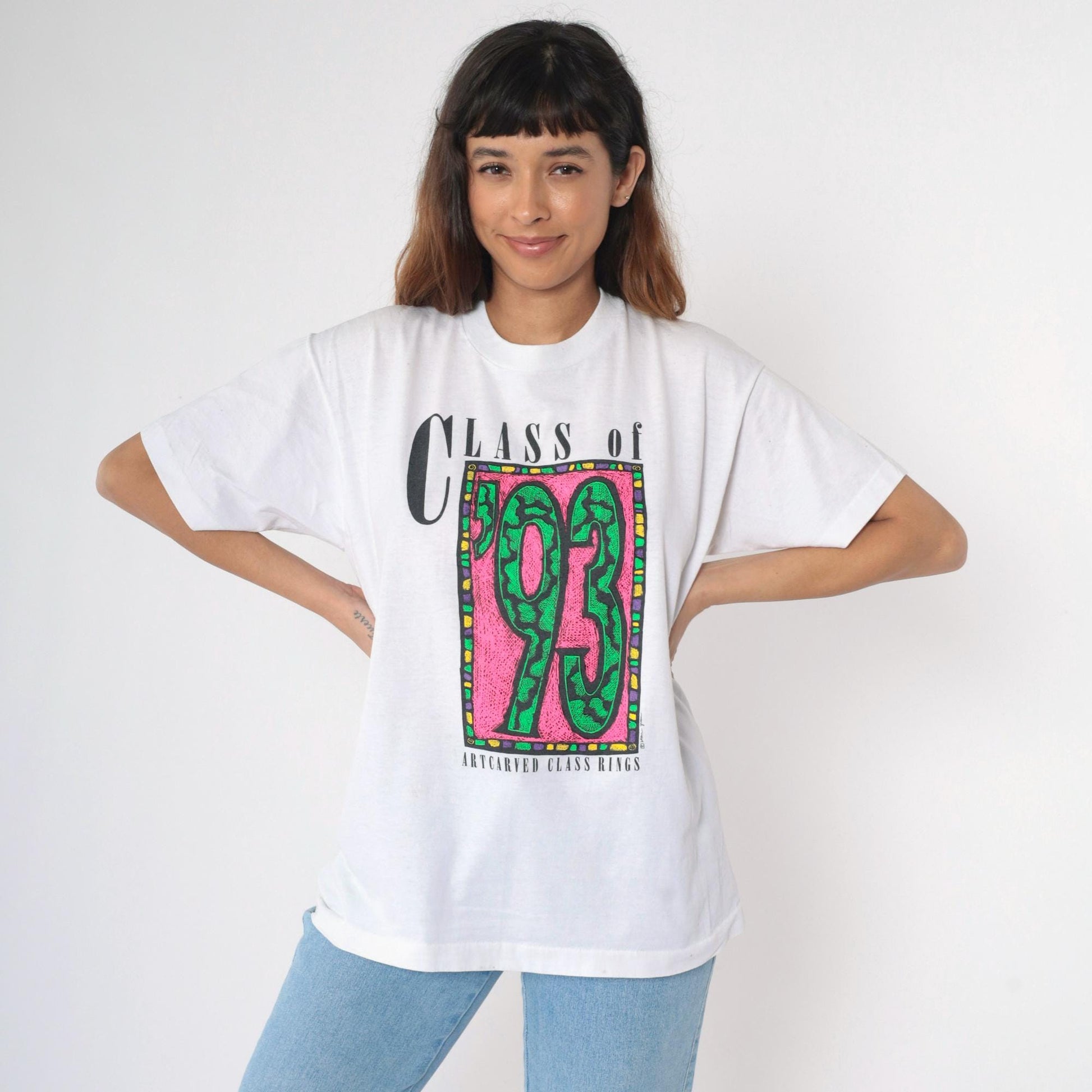 90s Class of '93 Graduation Graphic T-Shirt Neon White Screen Stars Extra Large XL