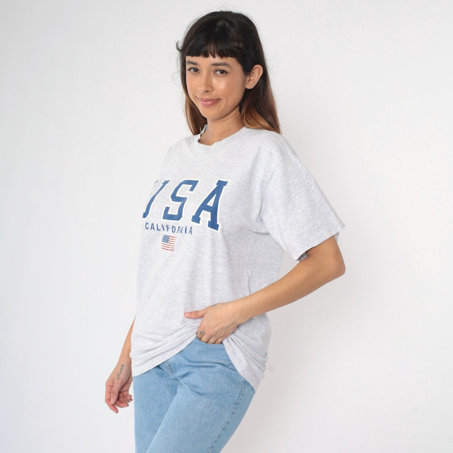 90s California USA American Flag Graphic T-Shirt Heather Grey Large L