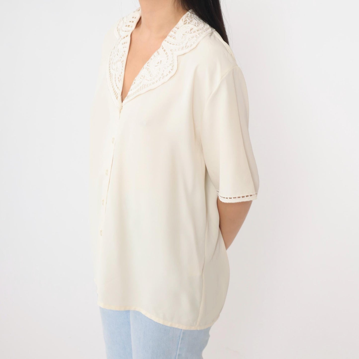 90s Worthington Off-White Embroidered Cutwork Button-Up Blouse Short Sleeve Extra Large XL