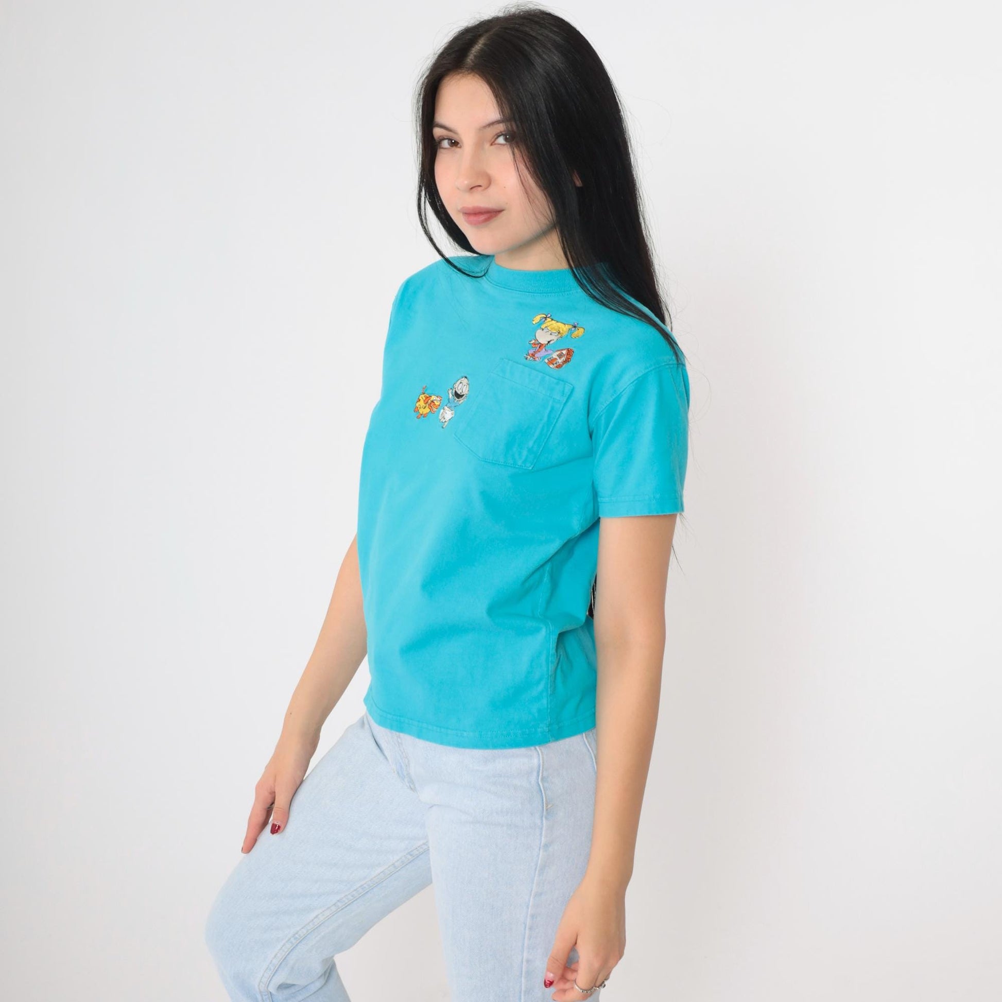 90s Nickelodeon Rugrats Graphic T-Shirt Tommy Angelica Turquoise Cotton XS