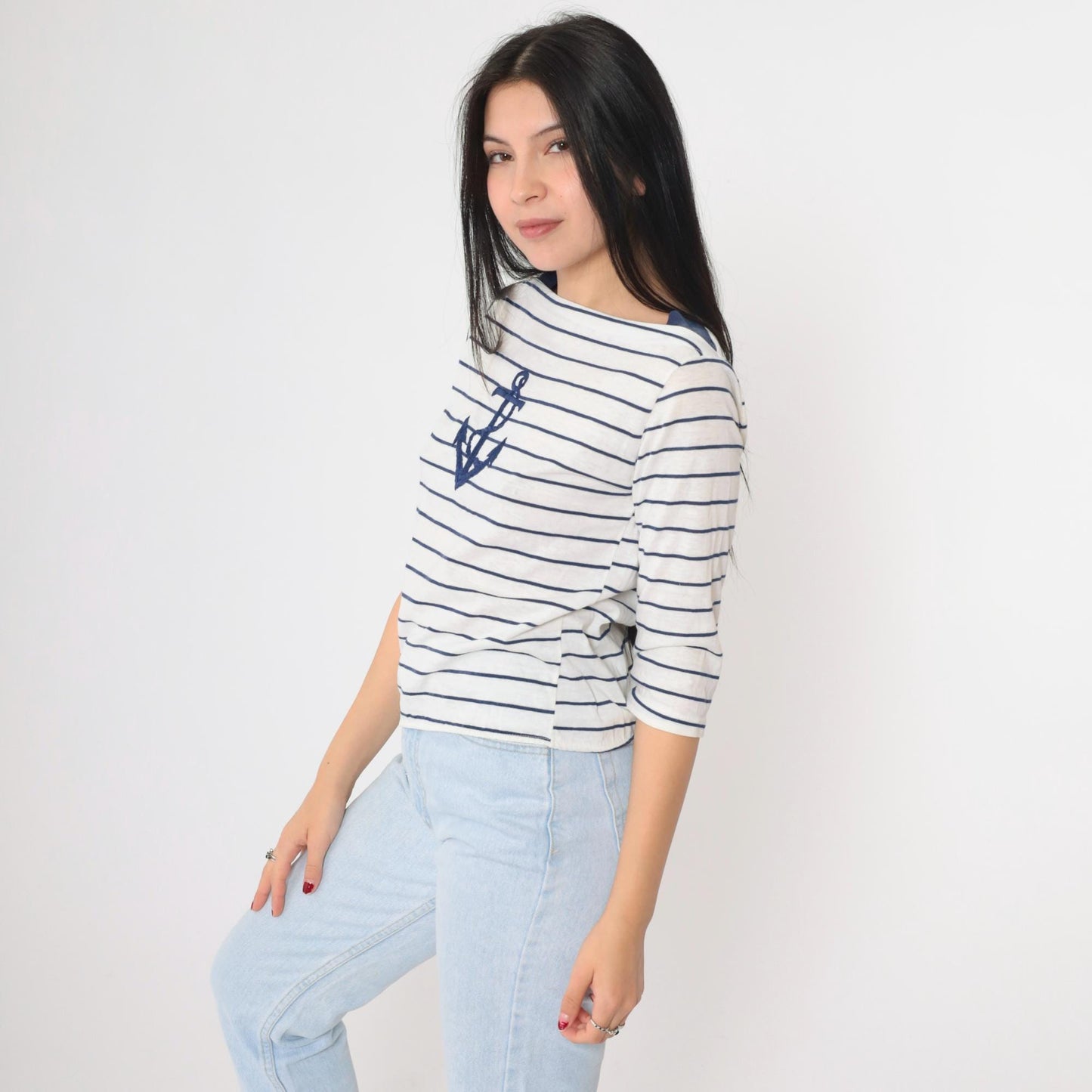 80s Striped Anchor Boatneck T-Shirt White Navy Half Sleeve Small