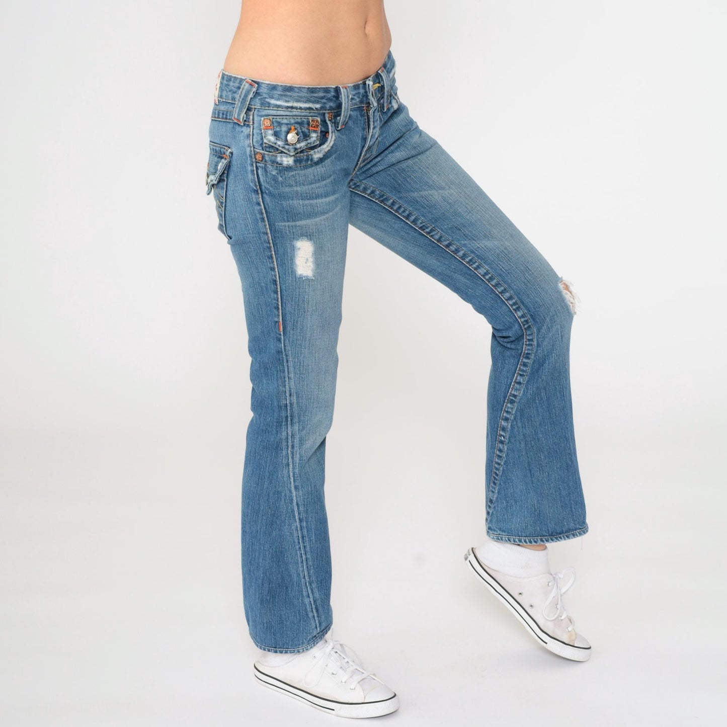 Y2K True Religion Distressed Low Rise Bootcut Jeans Blue Denim Extra Small