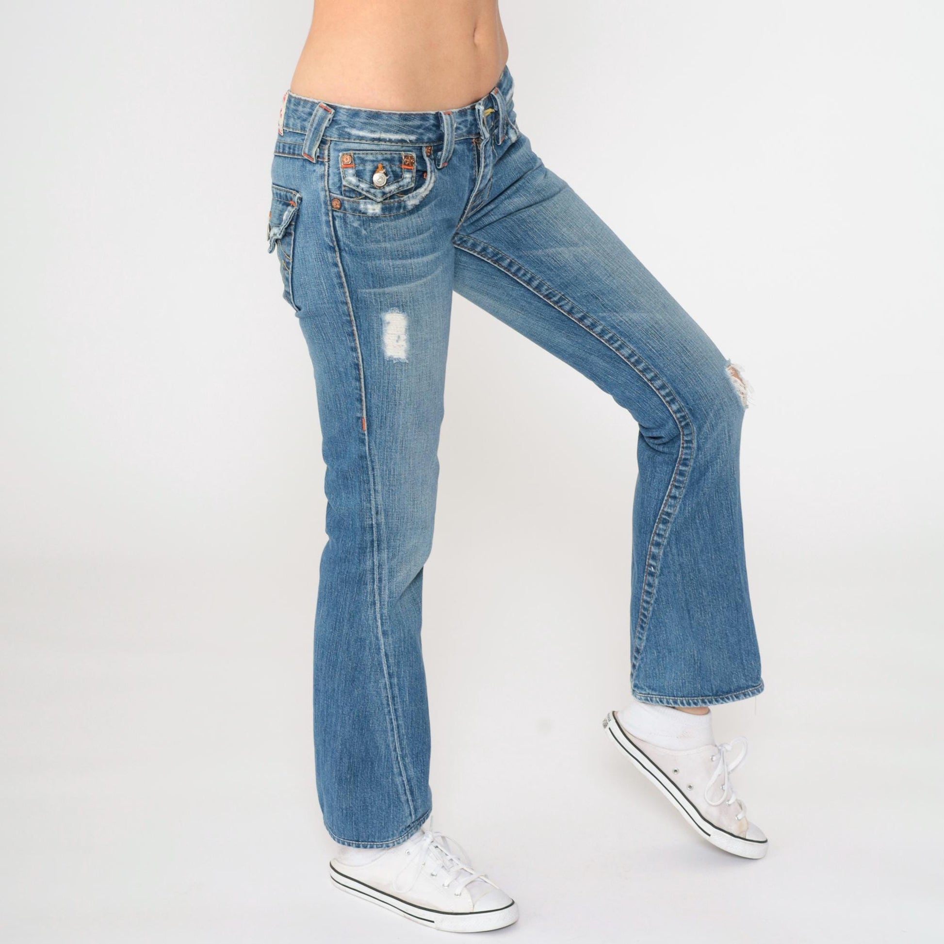 Y2K True Religion Distressed Low Rise Bootcut Jeans Blue Denim Extra Small