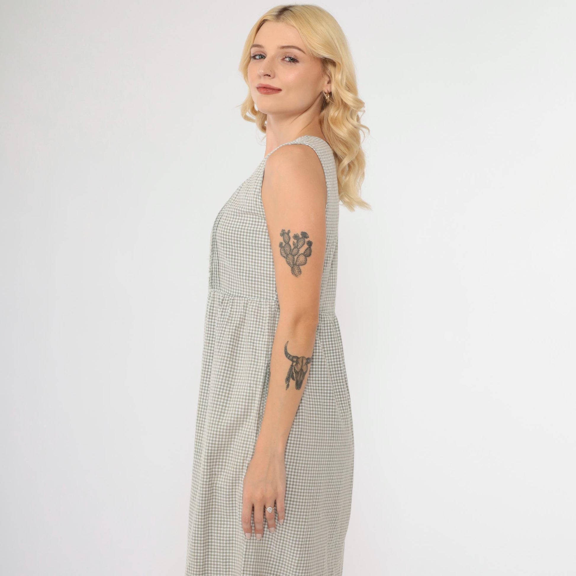 90s Taupe Gingham Jumper Dress Button Front Midi Sleeveless Small Petite