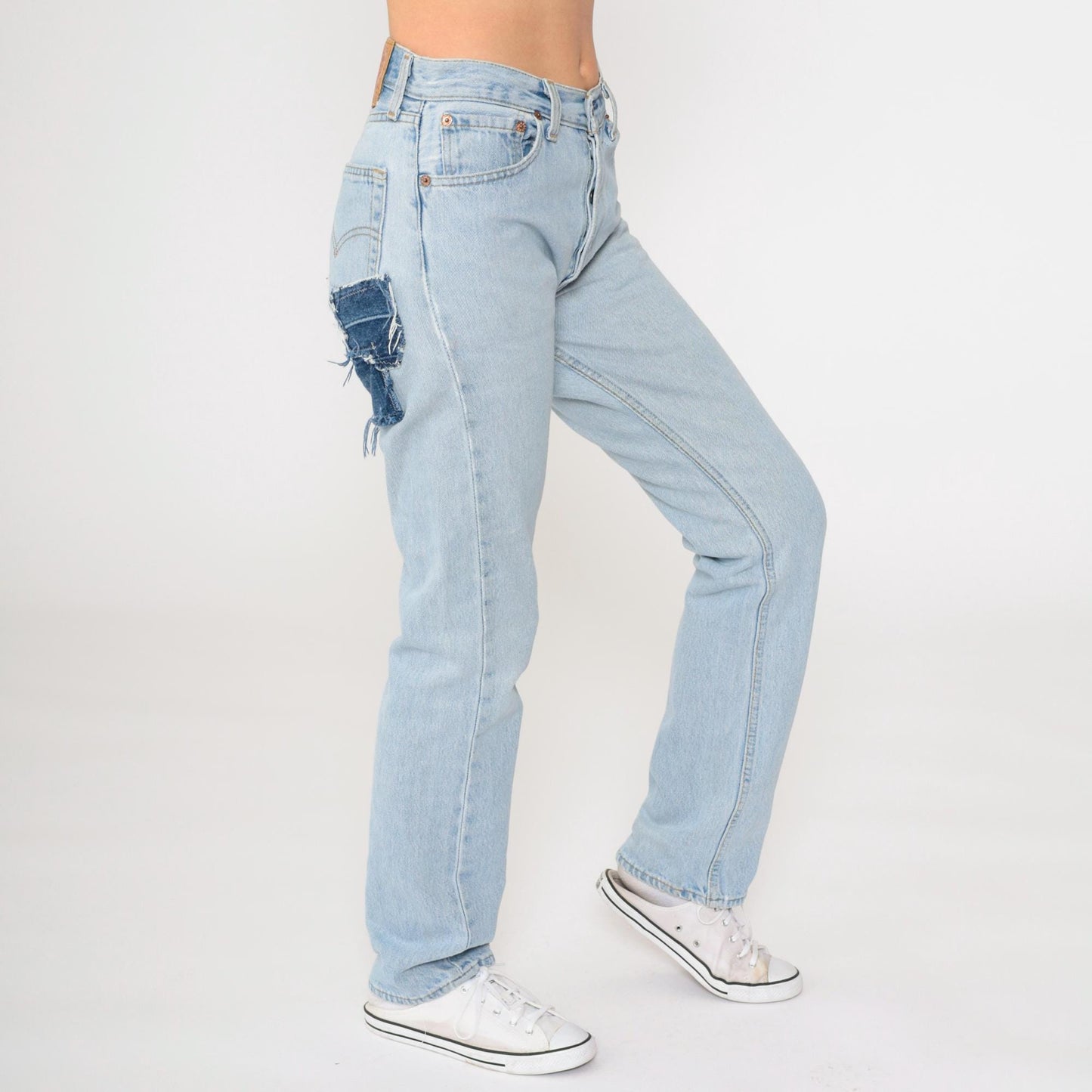 90s Levi's 501 Straight Leg Jeans Blue Distressed Ripped Patches Small W28 L32