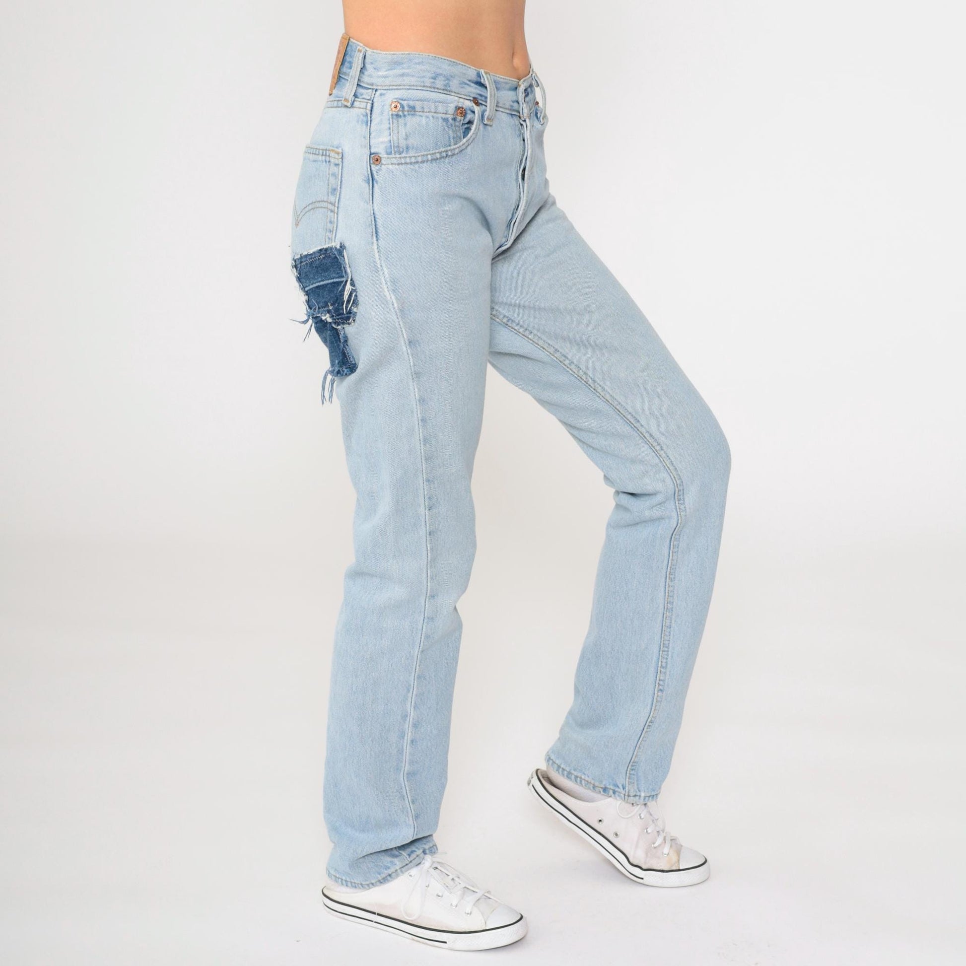 90s Levi's 501 Straight Leg Jeans Blue Distressed Ripped Patches Small W28 L32