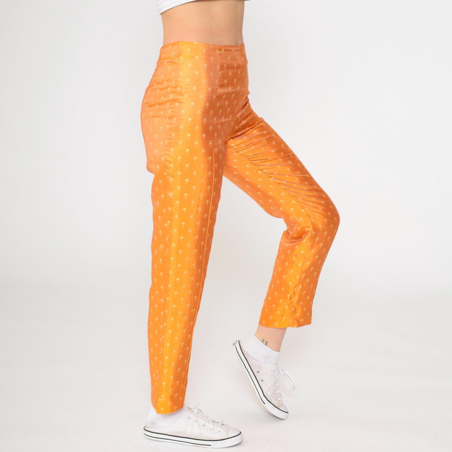 Biella Collezioni Silk Pants Orange Palm Tree Print High Waist Italy Extra Small XS