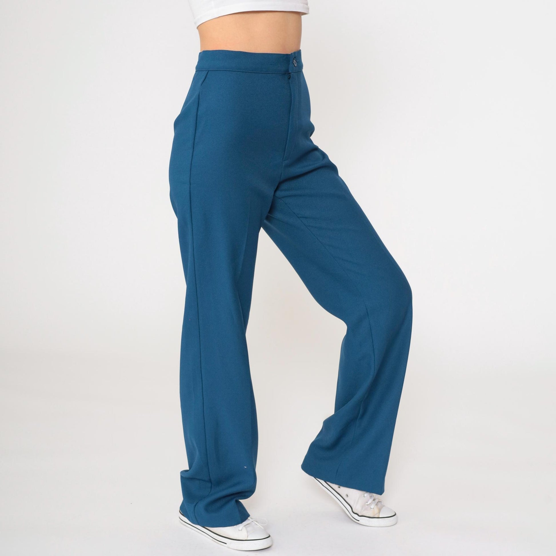 70s High-Rise Straight Leg Trousers Blue Polyester Small S
