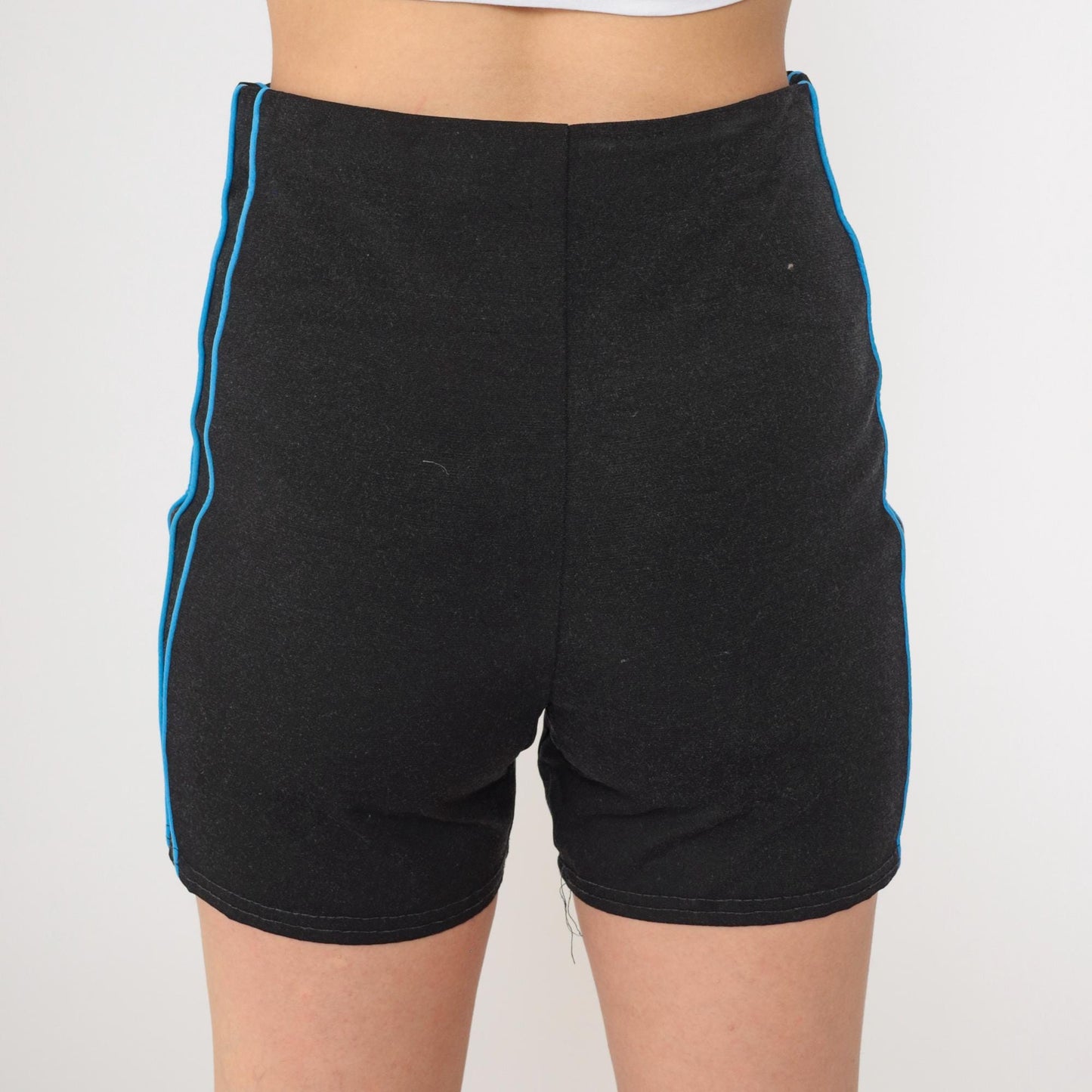 70s Black Athletic Shorts High Waist Mesh Lined Blue Stripe Small
