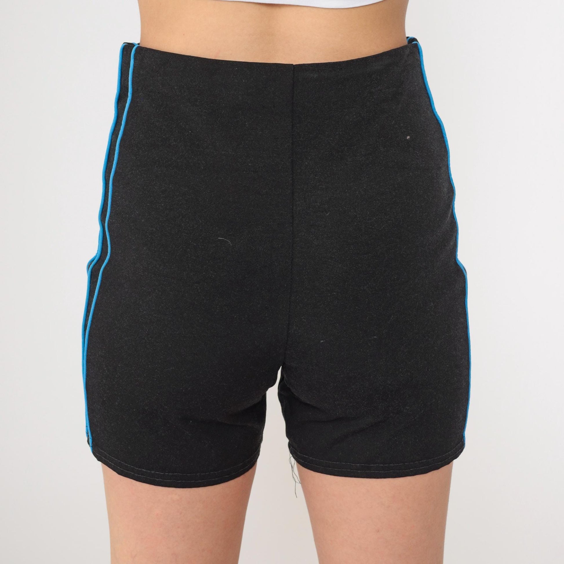 70s Black Athletic Shorts High Waist Mesh Lined Blue Stripe Small
