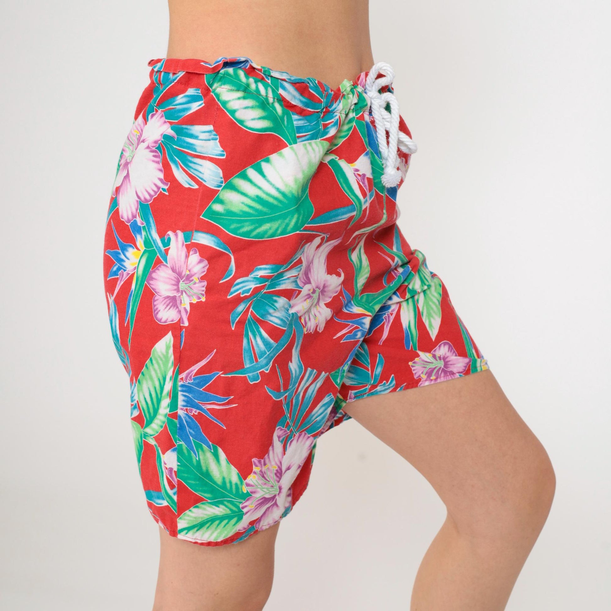 90s Tropical Floral Shorts Red Hawaiian High Drawstring Waist Small Medium