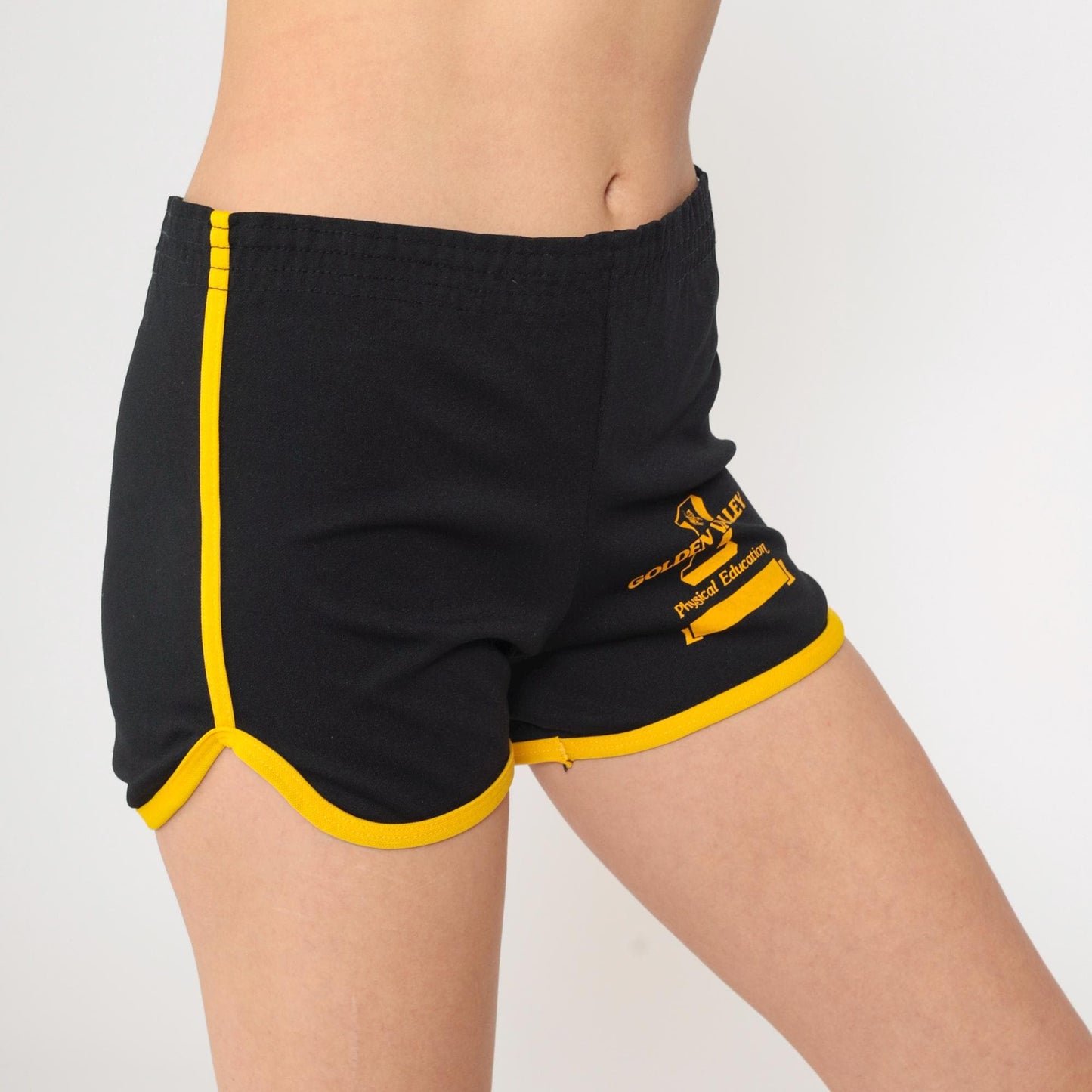 80s Champion Golden Valley PE Black Shorts Yellow Ringer Trim Small S