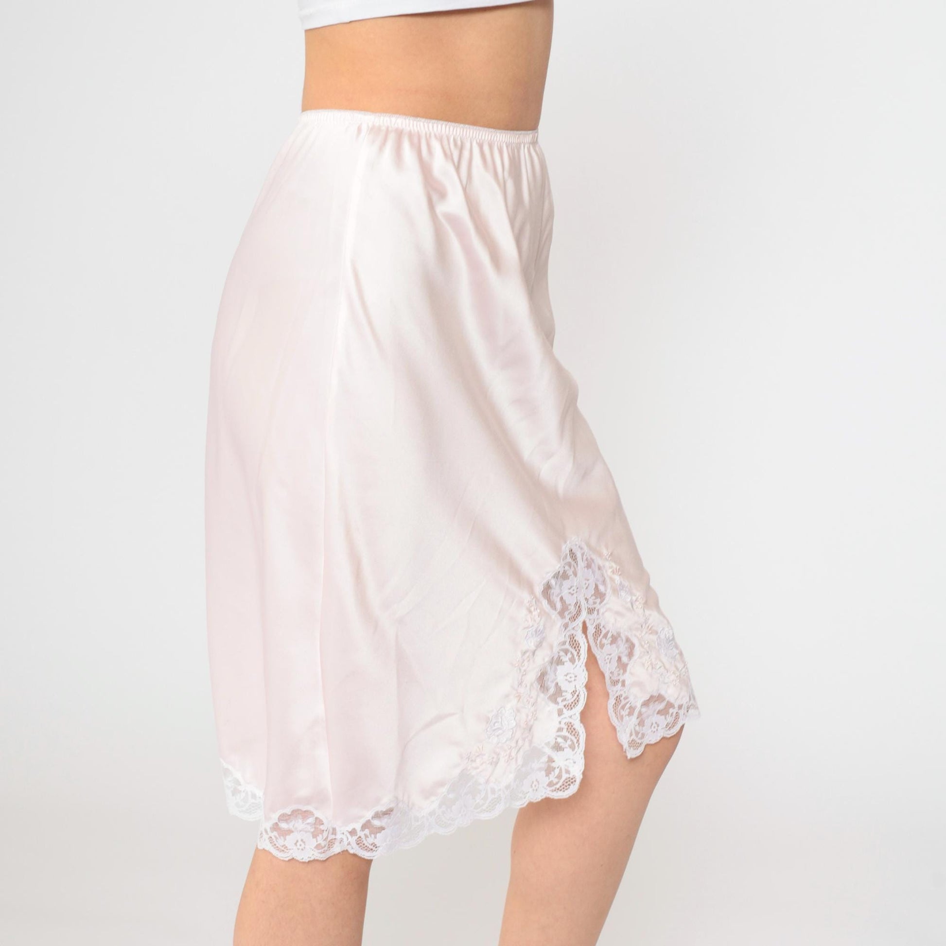 80s Pink Slip Skirt Lace Floral Embroidered Elastic Waist Small