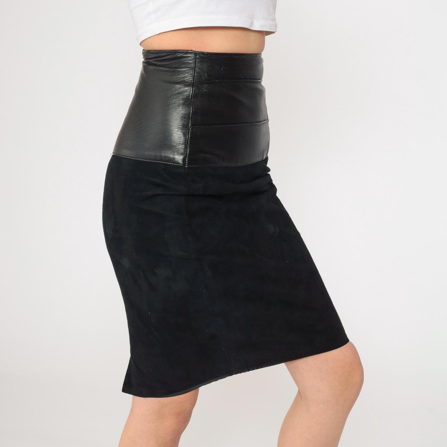 90s Black Leather Suede Mini Pencil Skirt High Rise Rear Zip Extra Small