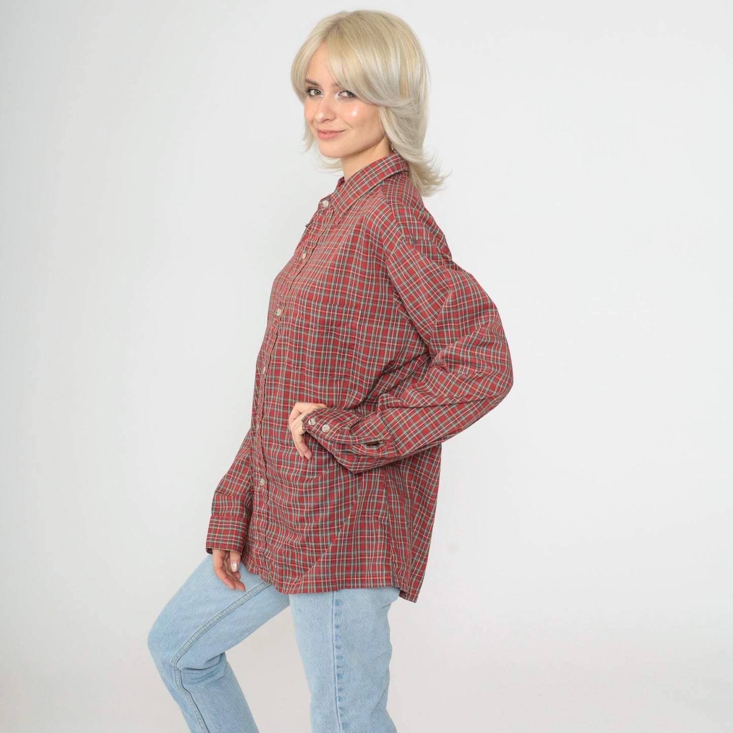 80s Red Plaid Button-Up Shirt Tartan Checkered Long Sleeve Extra Large XL