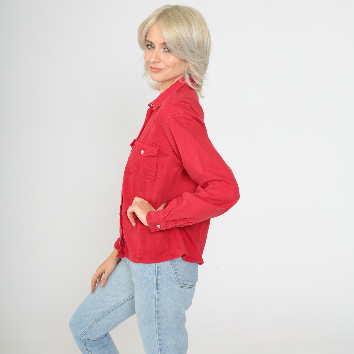 90s Faded Glory Red Button Up Shirt Long Sleeve Chest Pocket Medium