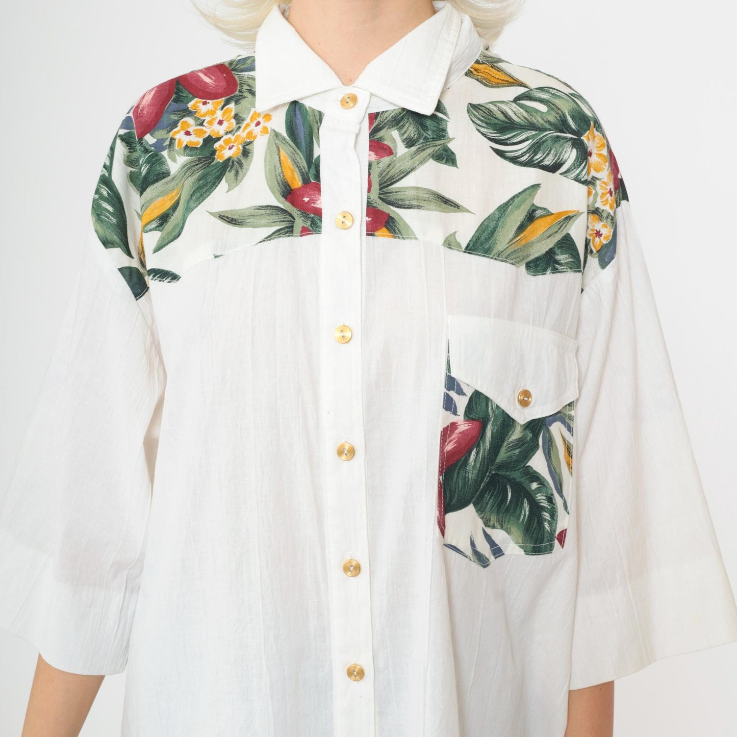 90s Tropical Floral Button Up Shirt White Yoke Pocket 3/4 Sleeve Plus Size XXL