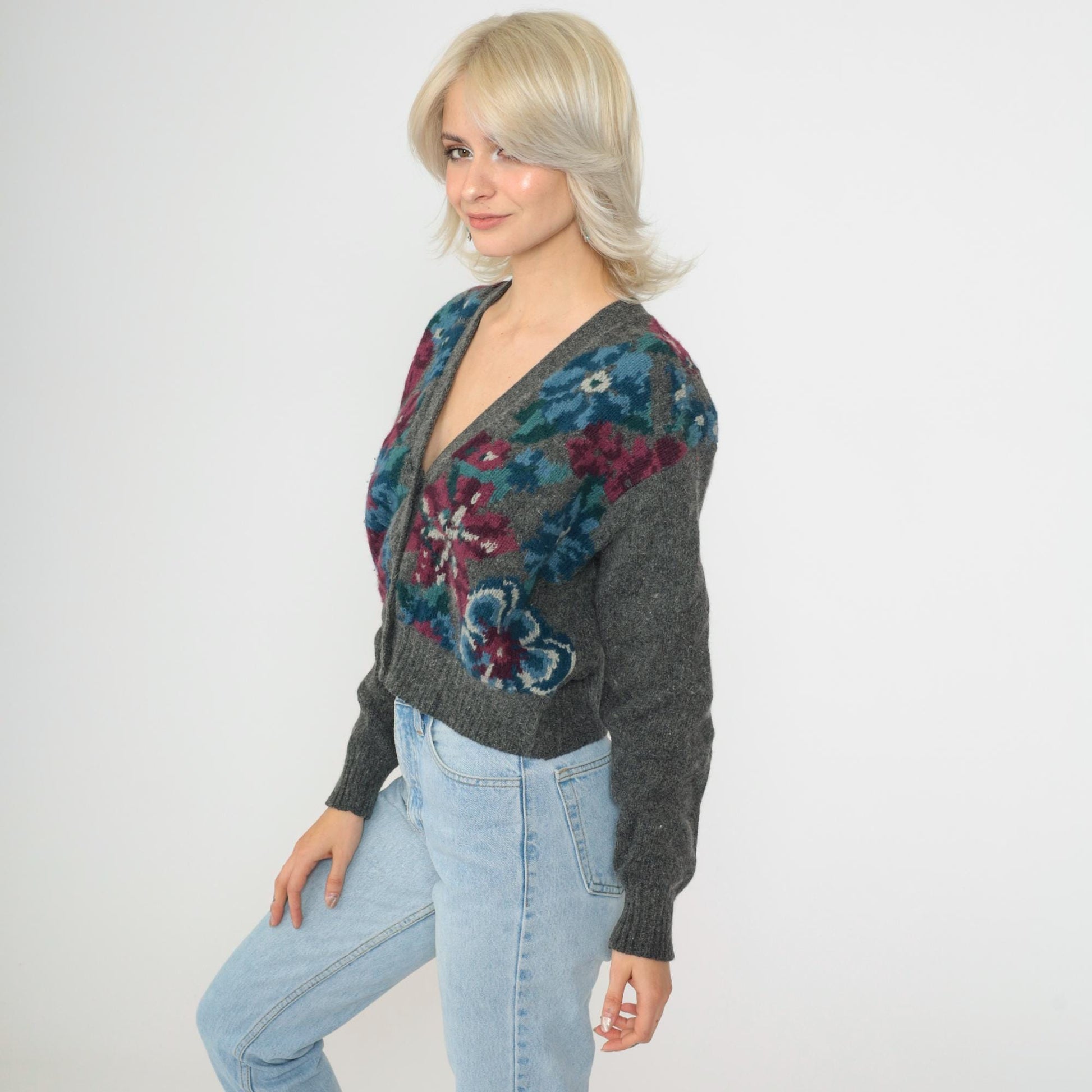 90s J.H Collectibles Wool Cardigan Grey Floral Cropped Angora Knit Small