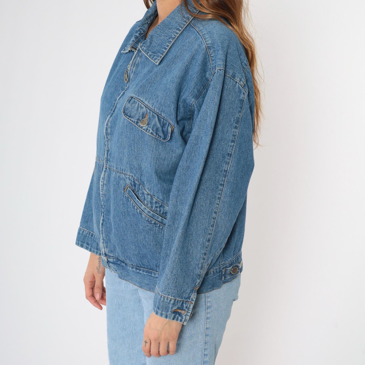 Y2K Route 66 Blue Denim Zip Jacket Collared Windbreaker Large L