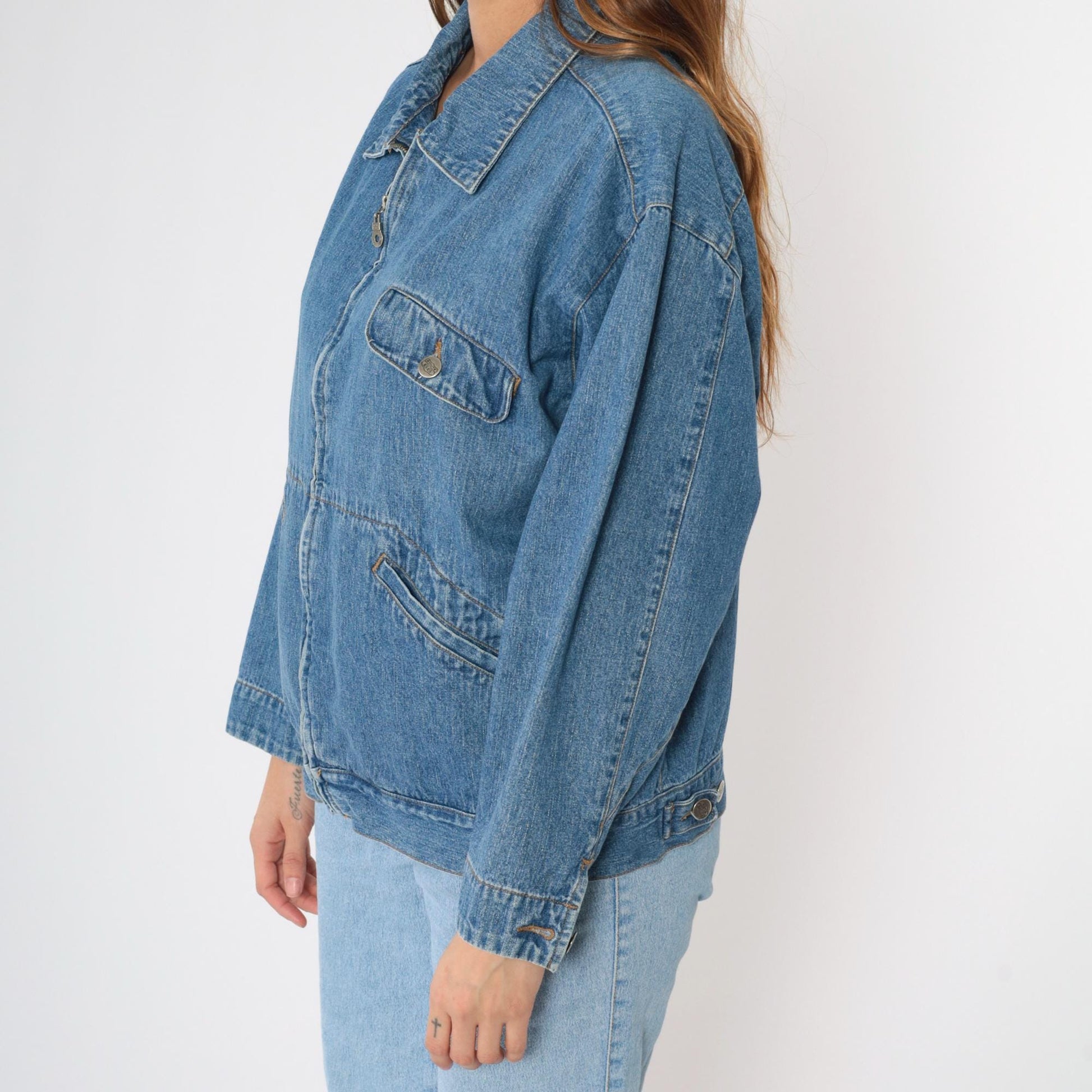 Y2K Route 66 Blue Denim Zip Jacket Collared Windbreaker Large L