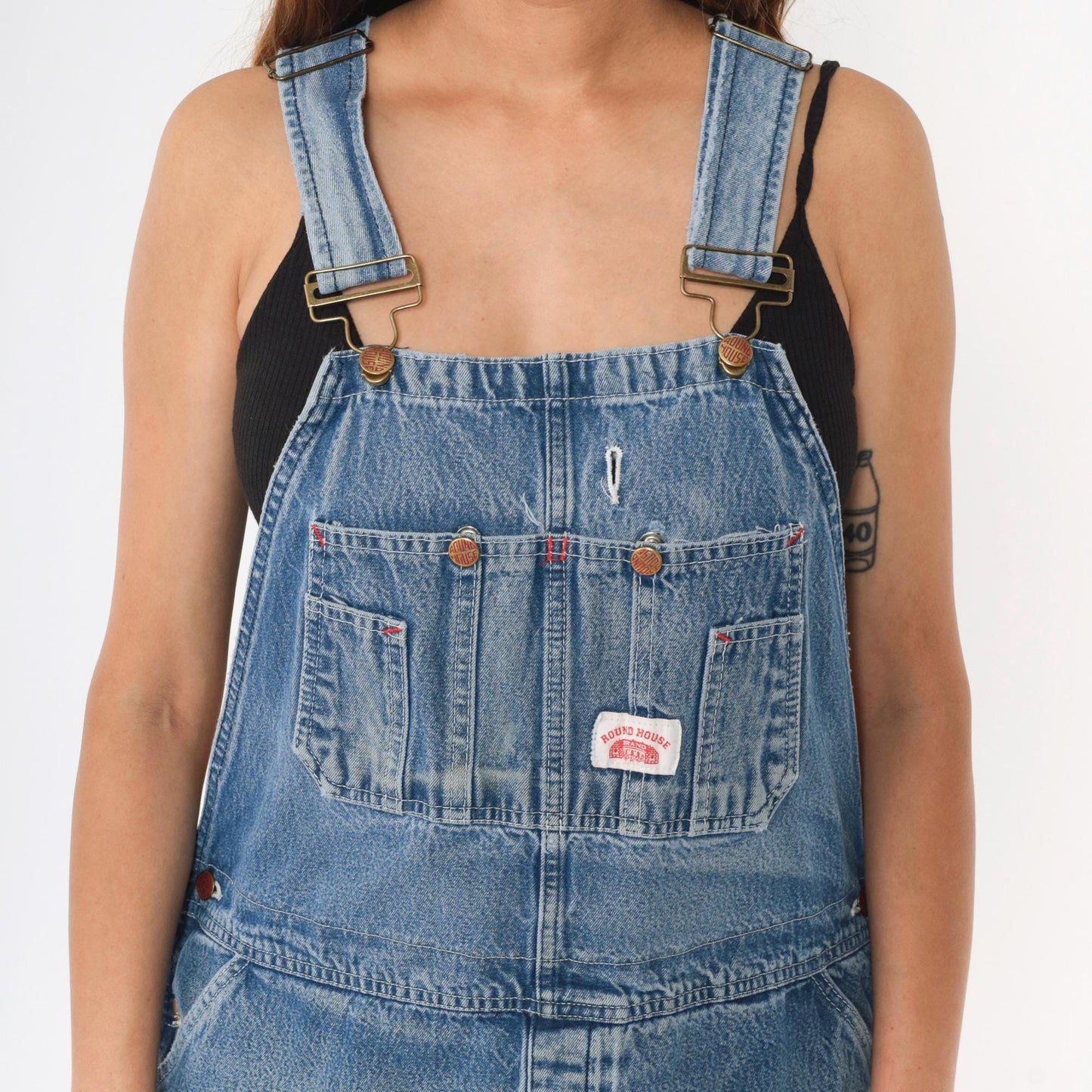 90s Round House Denim Overalls Distressed Blue Workwear Unisex Small