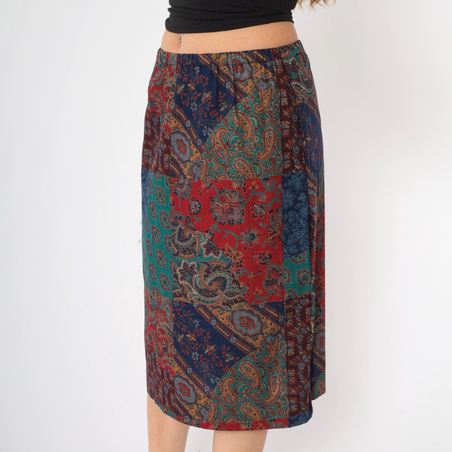 90s Patchwork Paisley Floral Midi Skirt Elastic Waist Medium