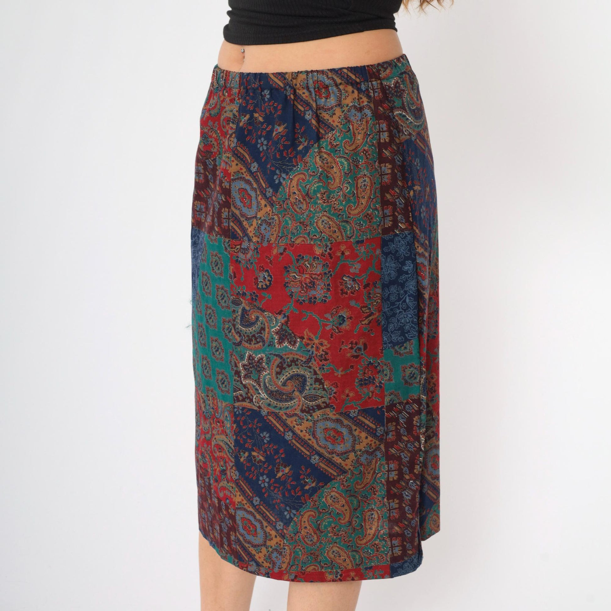 90s Patchwork Paisley Floral Midi Skirt Elastic Waist Medium