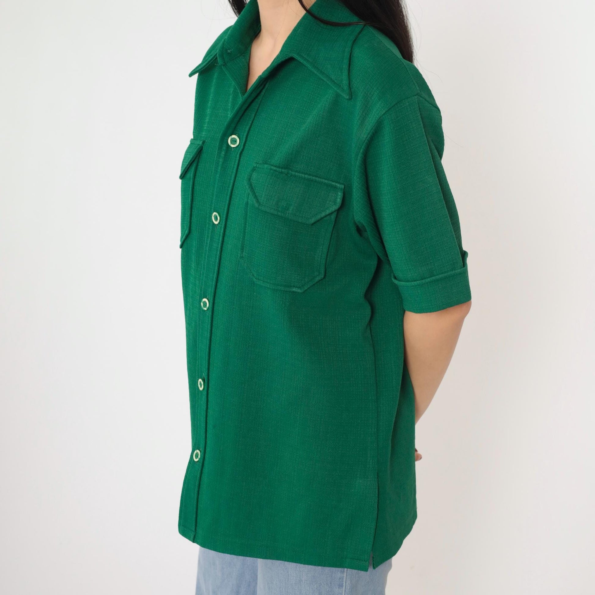 70s Green Button-Up Shirt Dagger Collar Short Sleeve Men's Medium
