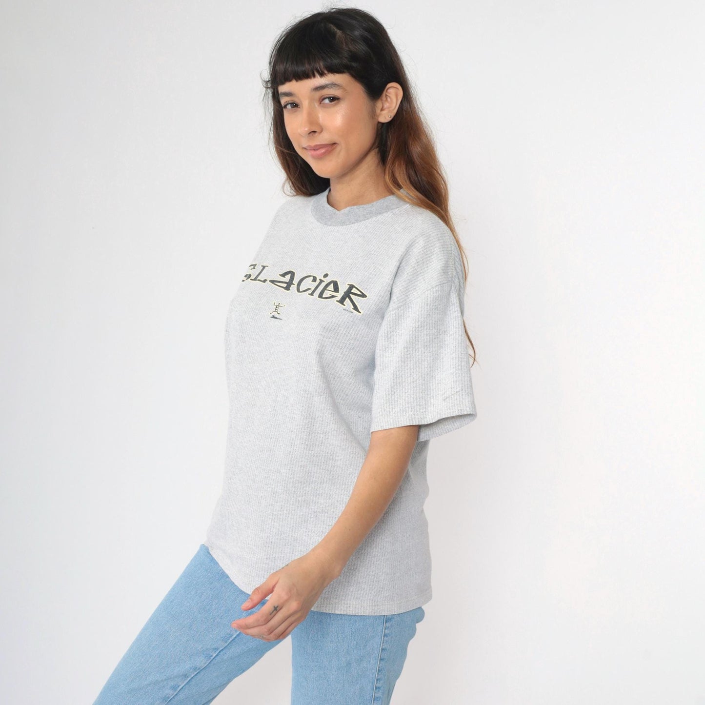 90s Glacier National Park Graphic T-Shirt Grey Stick Figure Crewneck Large L