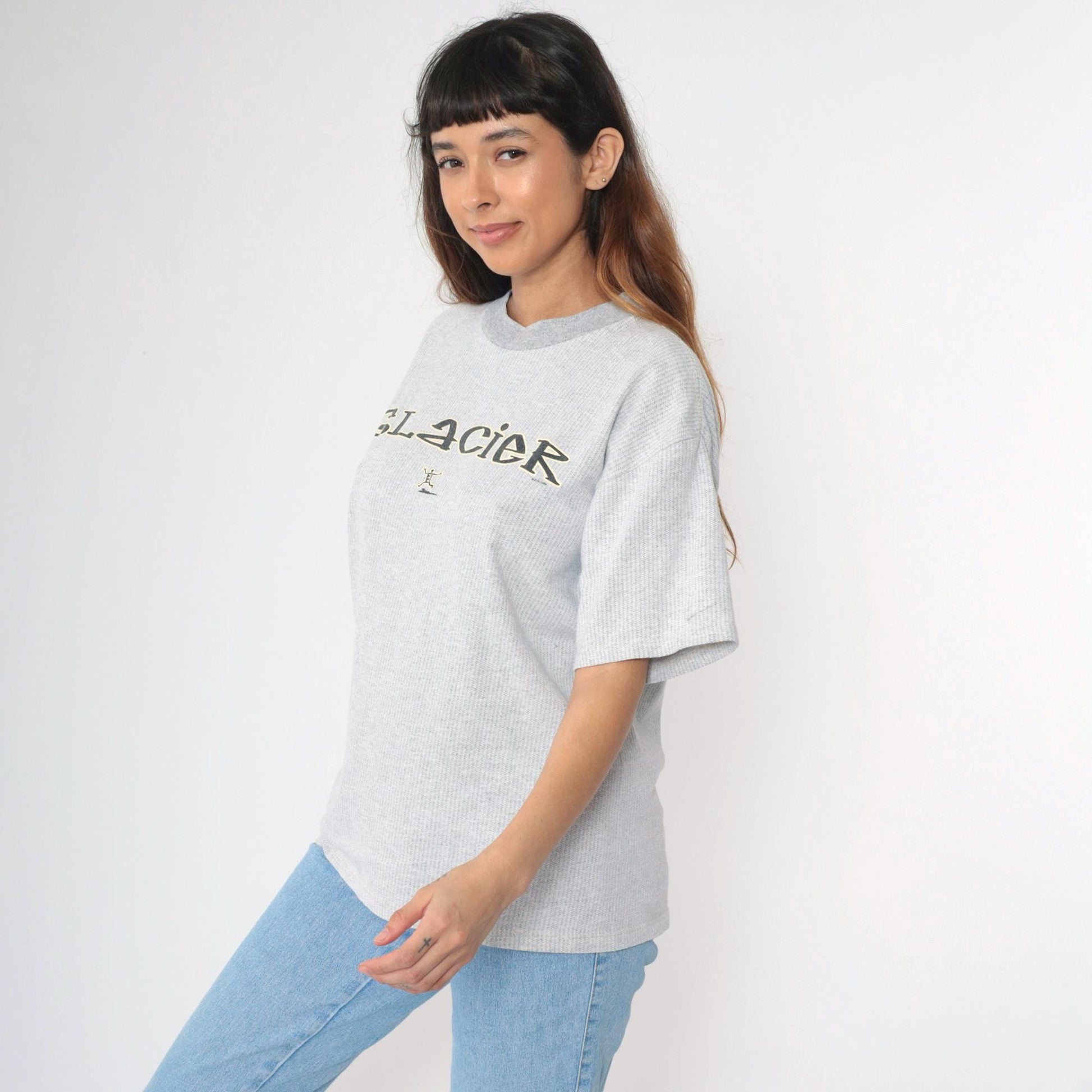 90s Glacier National Park Graphic T-Shirt Grey Stick Figure Crewneck Large L