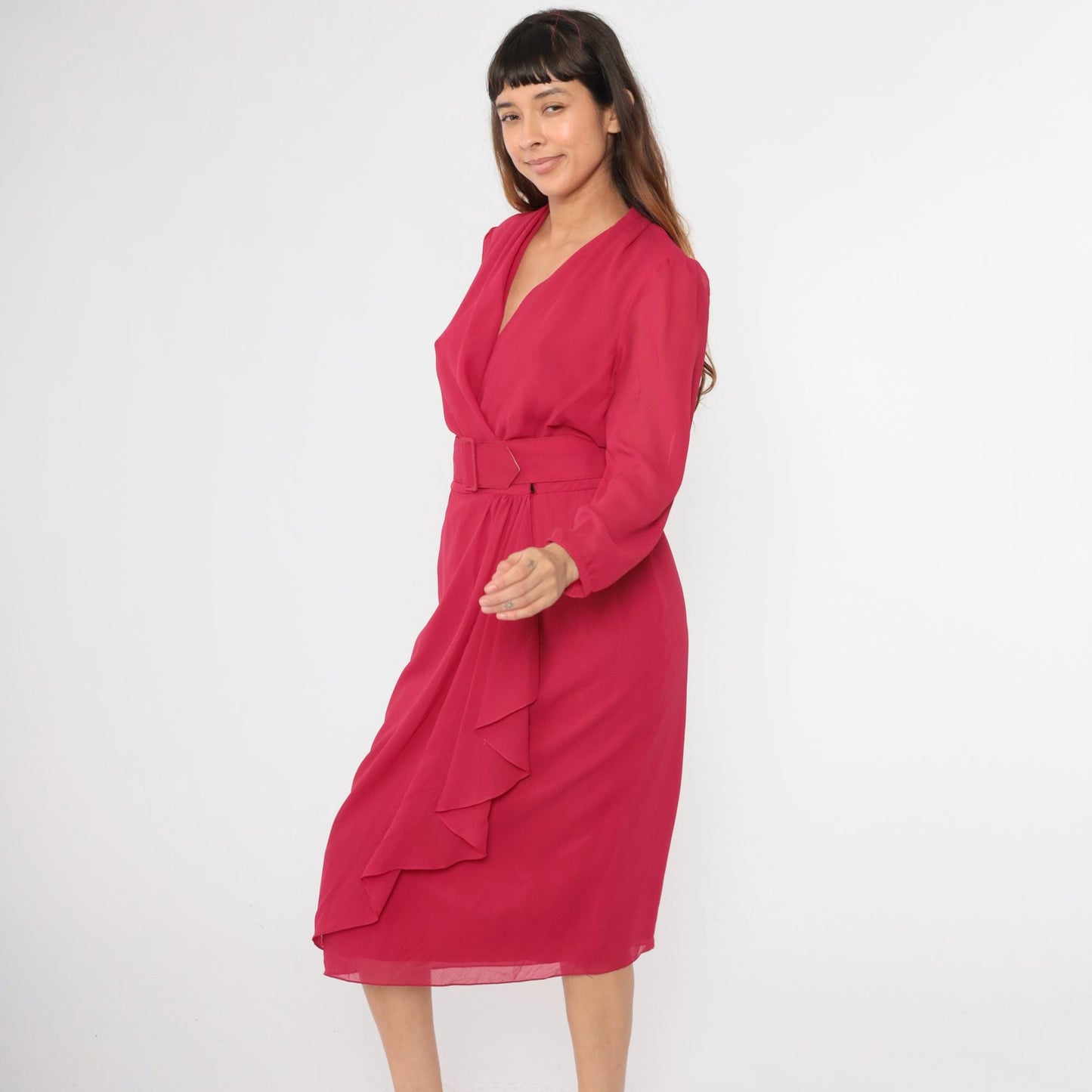 80s Miss Elliette Fuchsia Chiffon Midi Dress Puff Sleeve High Waist Medium