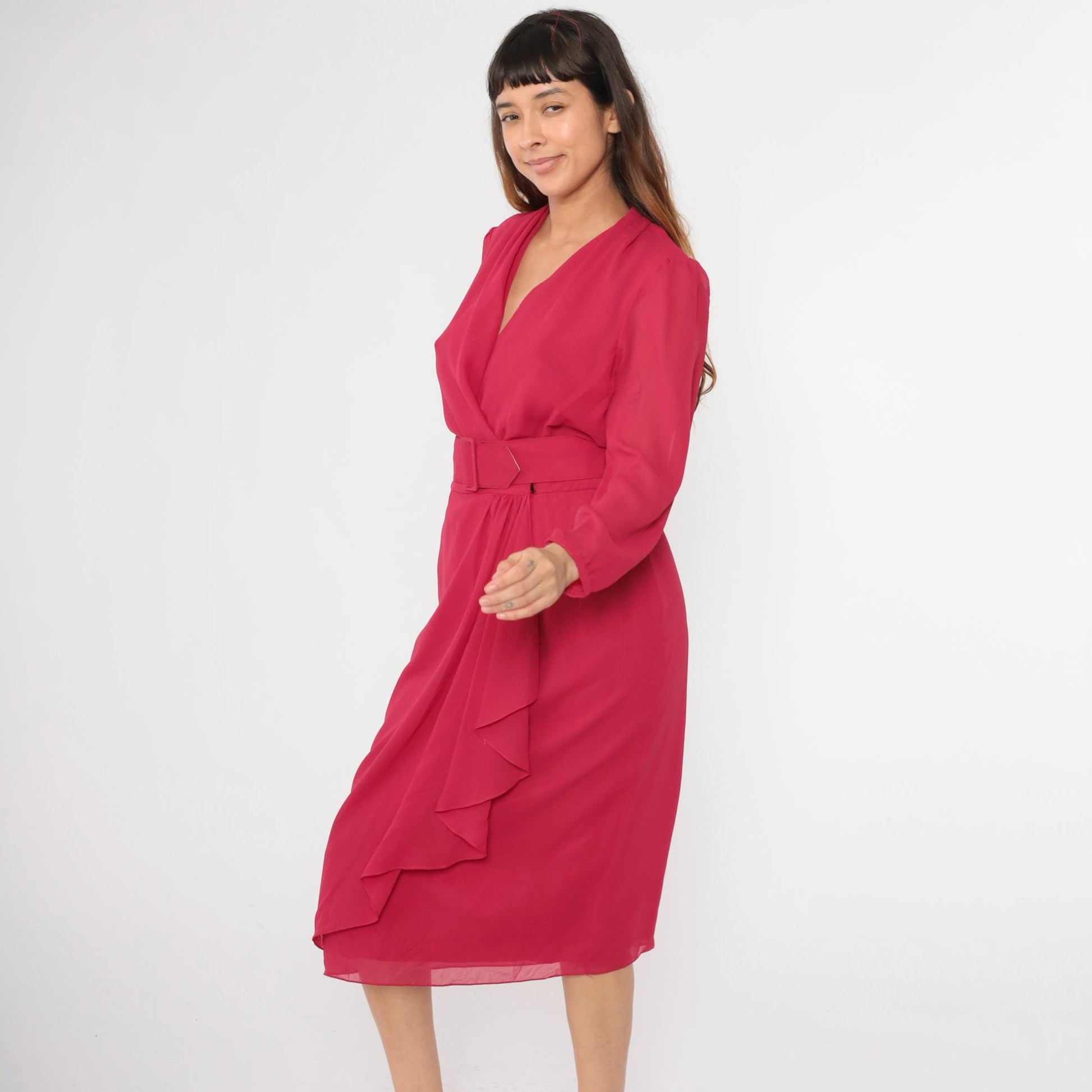 80s Miss Elliette Fuchsia Chiffon Midi Dress Puff Sleeve High Waist Medium