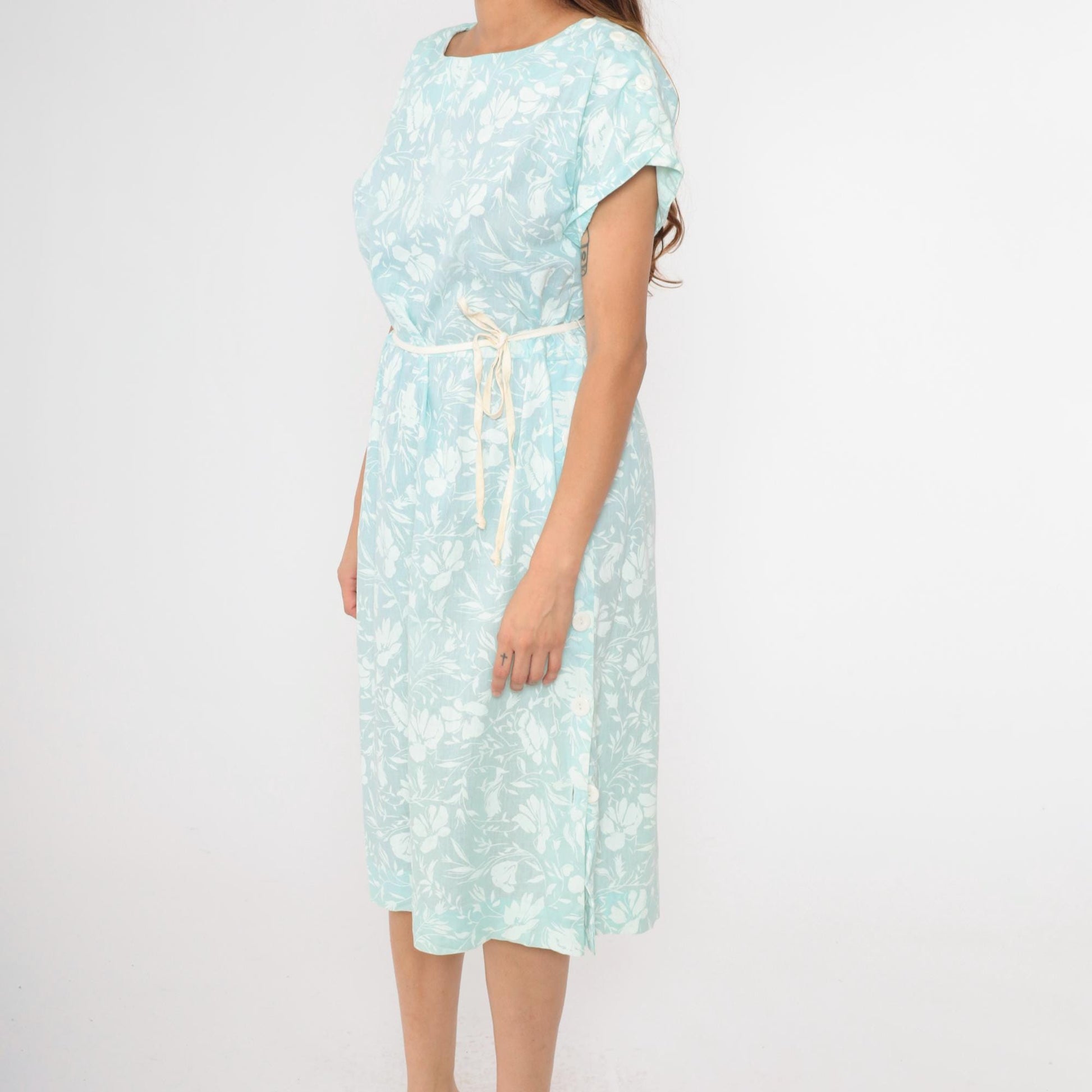 80s Light Blue Floral Midi Dress High Waisted Button Side Slit Dolman Sleeve Large