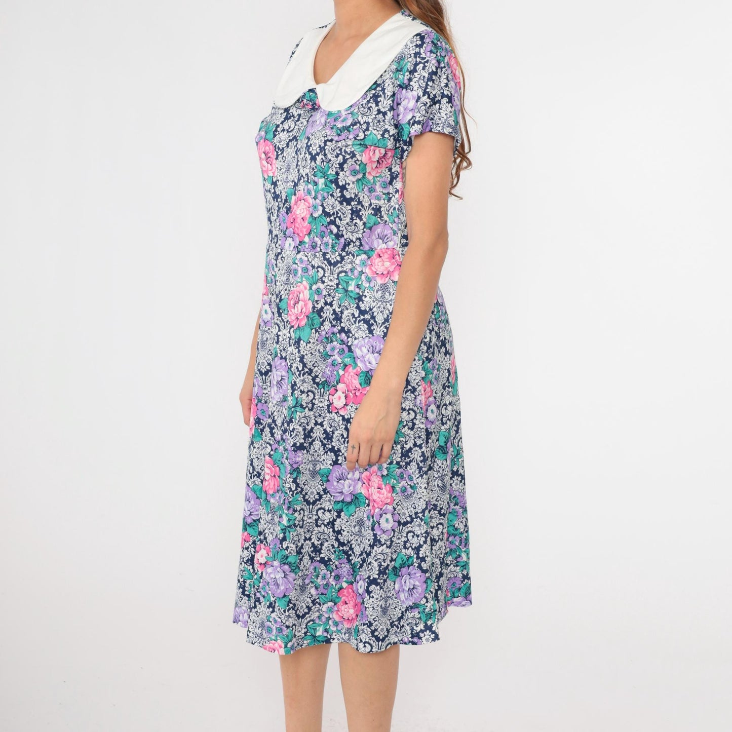80s Floral Midi Dress Peter Pan Collar High Waisted Pockets Blue Pink Purple Large