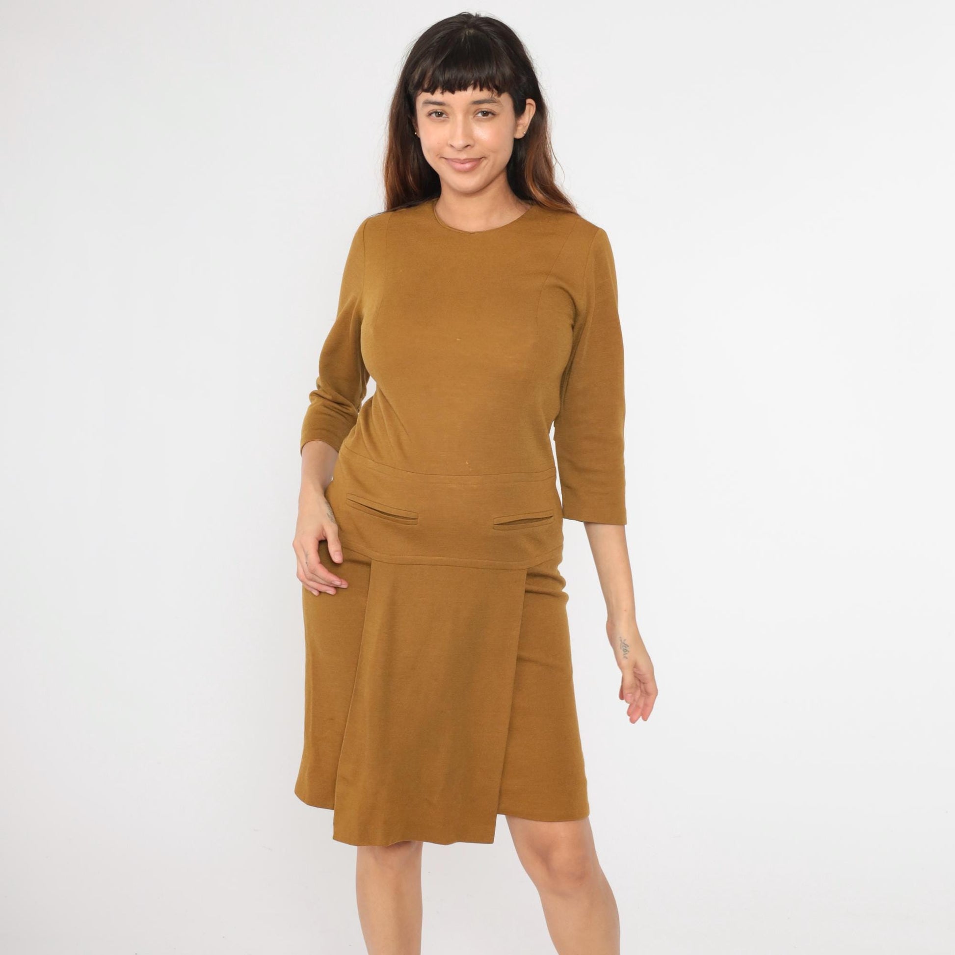 1960s Mod Scooter Dress Mustard Brown Wool Blend Drop Waist Pleated Small