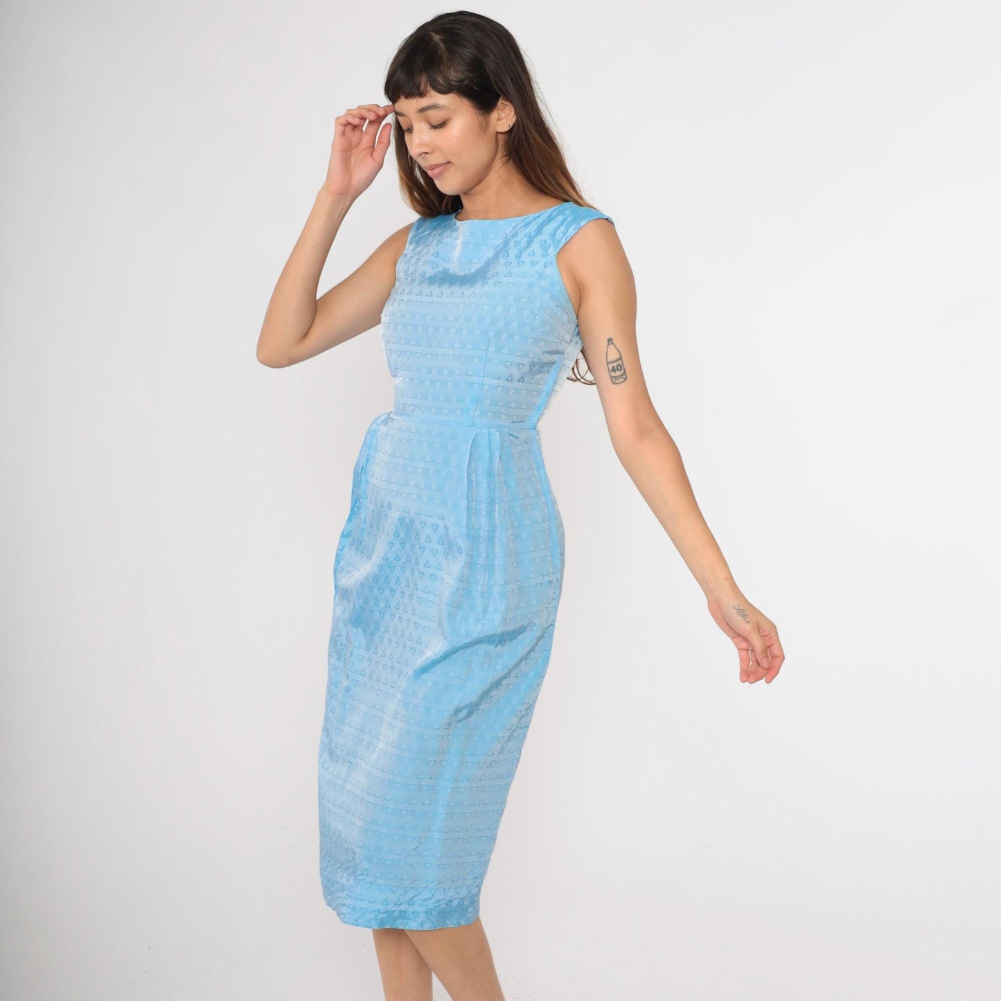 1960s Light Blue Heart Textured Cocktail Dress A-Line Sleeveless Extra Small