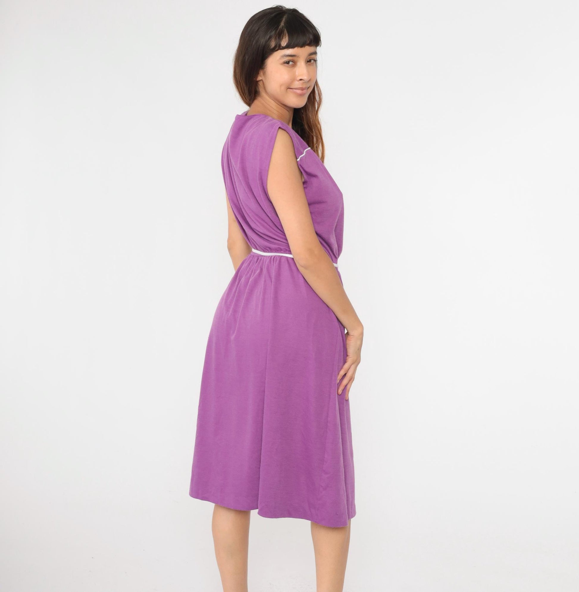 80s Purple Midi Sundress Sleeveless High Waist Button Shoulder Small Medium