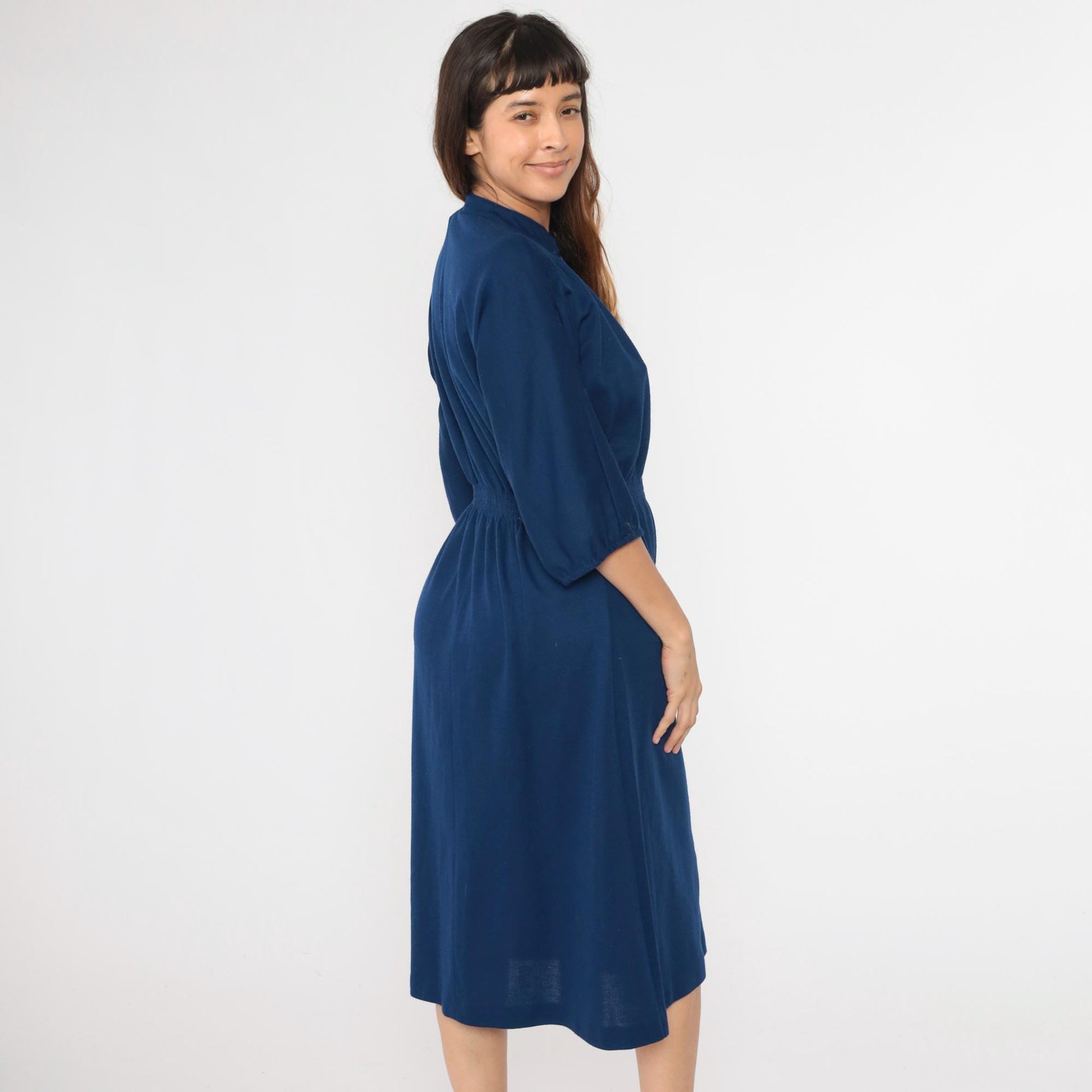 80s Leslie Fay Navy Mandarin Collar Shirtdress Midi Button-Up Small