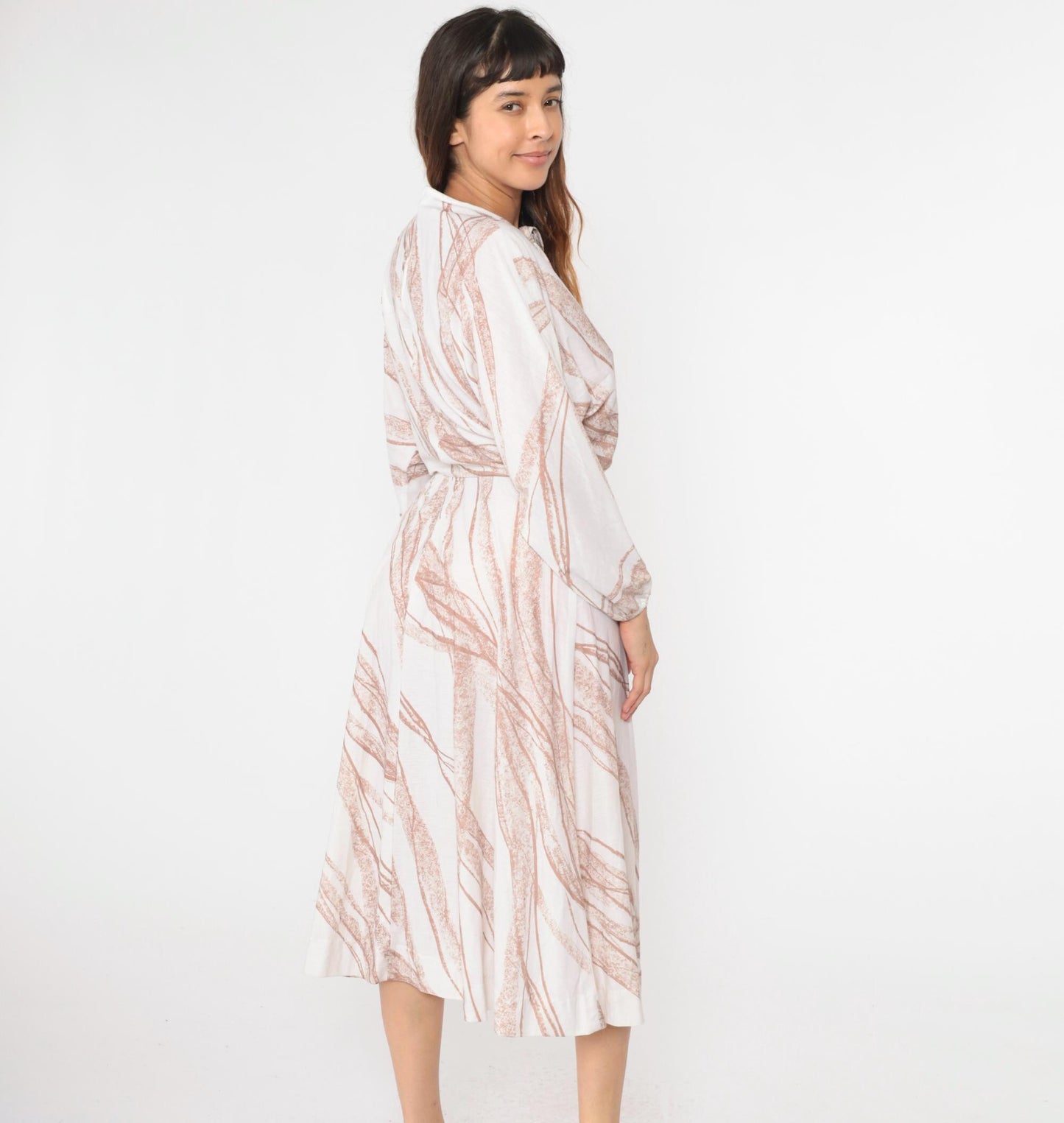 70s Bleeker Street Midi Dress Dolman Sleeve Keyhole Bow Neck White Brown Stripe Small Medium
