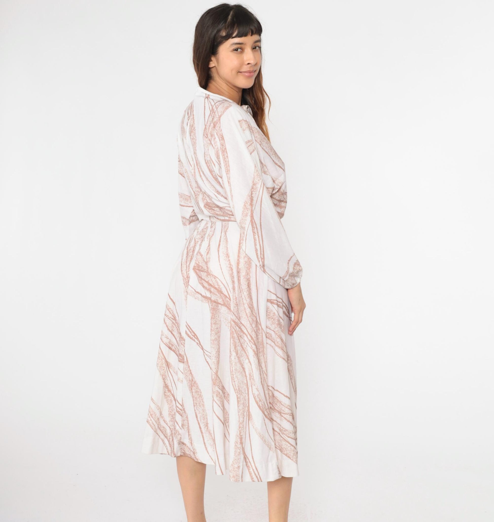 70s Bleeker Street Midi Dress Dolman Sleeve Keyhole Bow Neck White Brown Stripe Small Medium