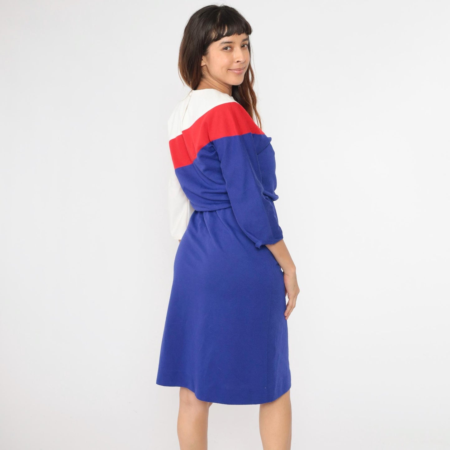 80s Leslie Fay Petites Colorblock Midi Dress Blue Red White Dolman Sleeve Small