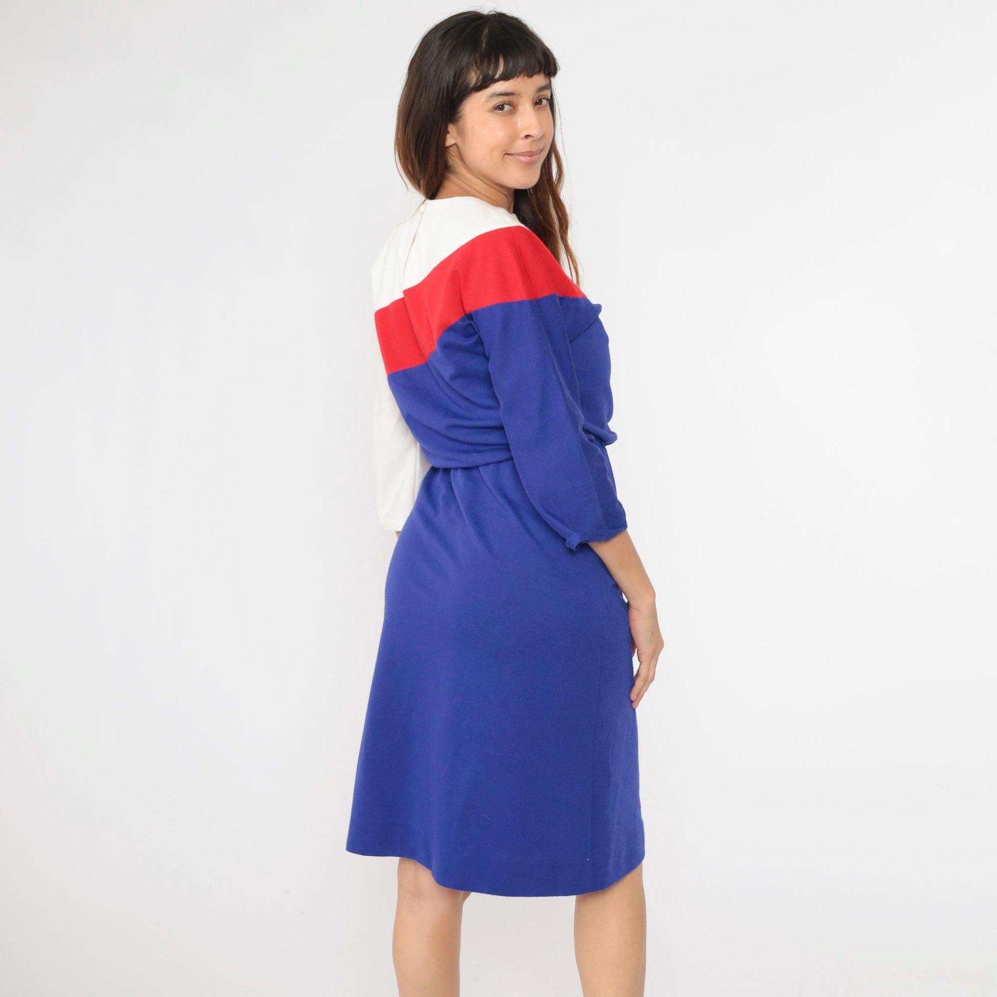 80s Leslie Fay Petites Colorblock Midi Dress Blue Red White Dolman Sleeve Small