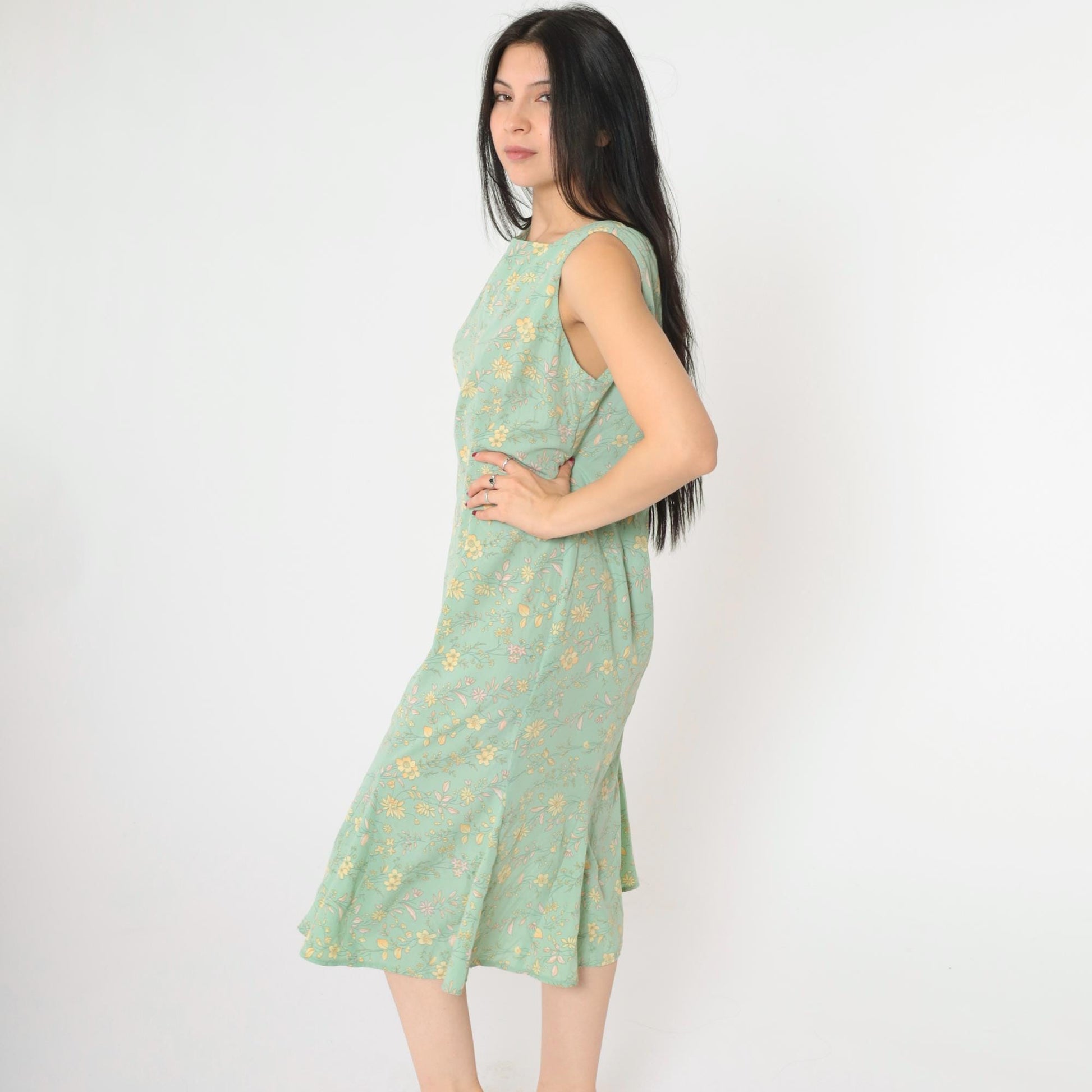90s R&K Originals Floral Midi Dress Green Yellow Pink Sleeveless Medium