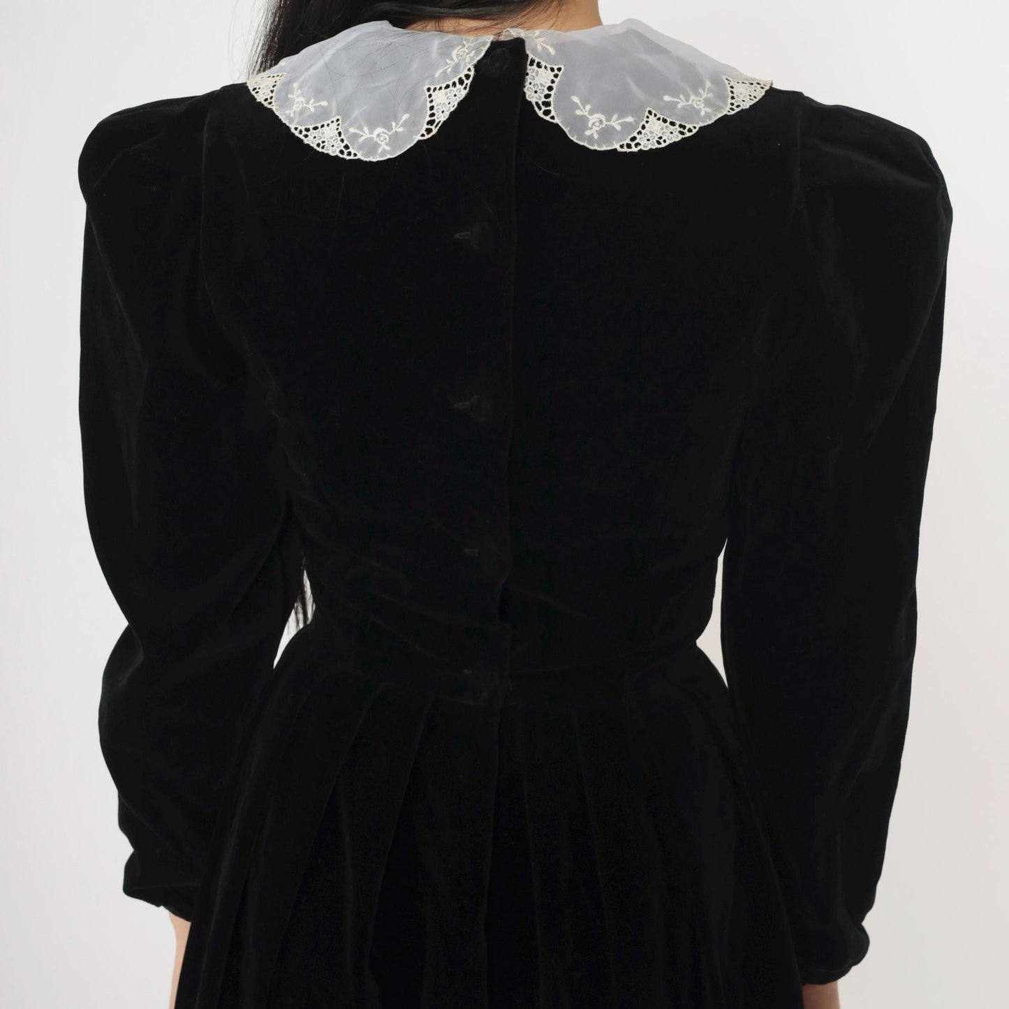 80s Laura Ashley Mother and Child Black Velvet Midi Dress White Lace Collar Extra Small