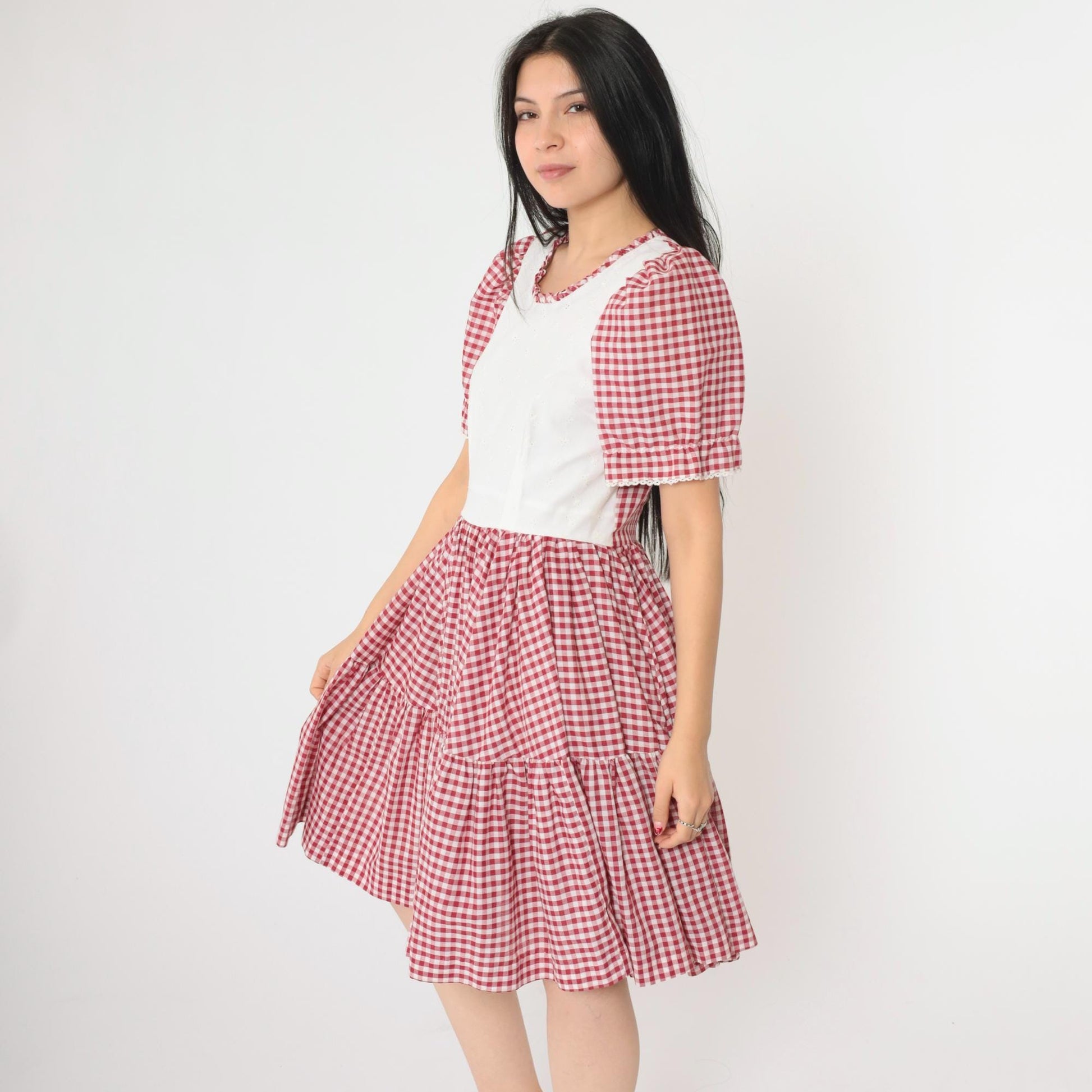 70s Red Gingham Prairie Dress Puff Sleeve Eyelet Lace High Waist Small Medium