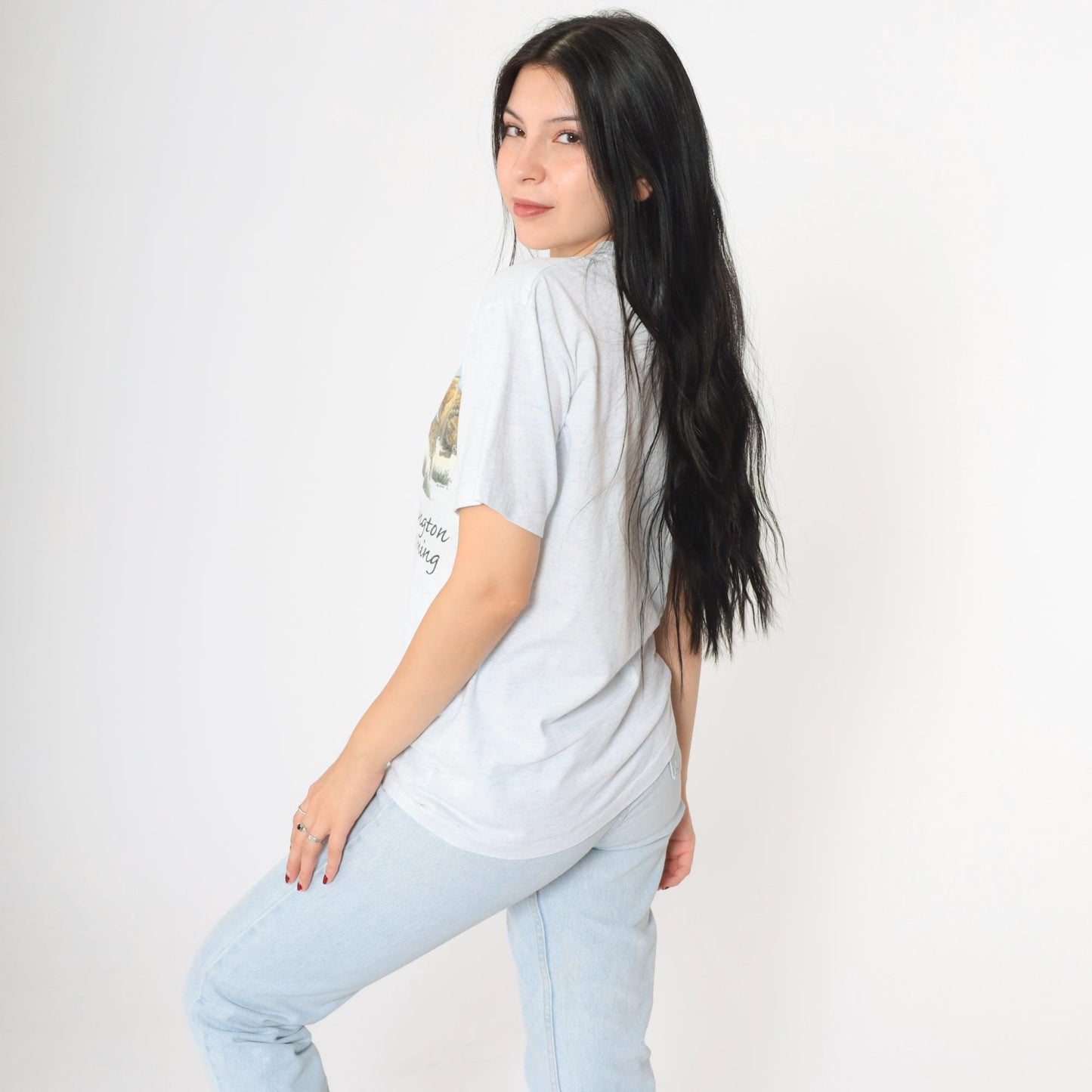 90s Buffalo Arlington Wyoming Graphic T-Shirt Flecked White Blue Small