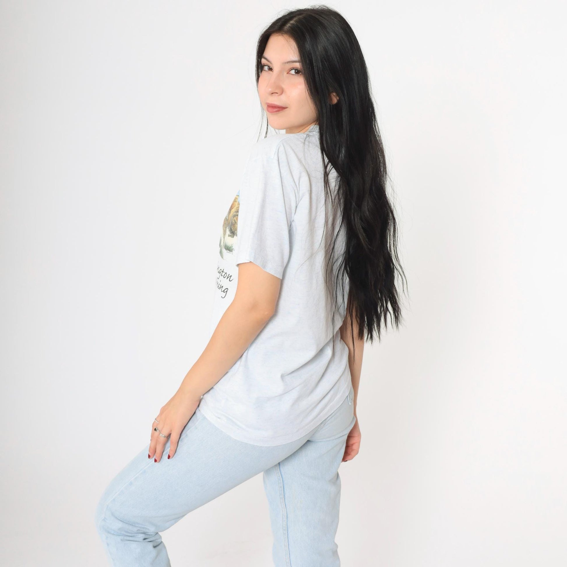 90s Buffalo Arlington Wyoming Graphic T-Shirt Flecked White Blue Small