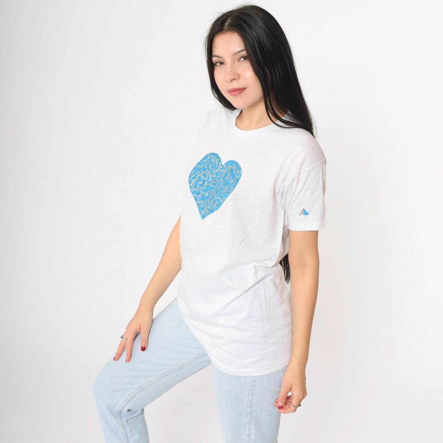 80s White Heart Glitter Hand Painted T-Shirt Single Stitch Crewneck Medium M